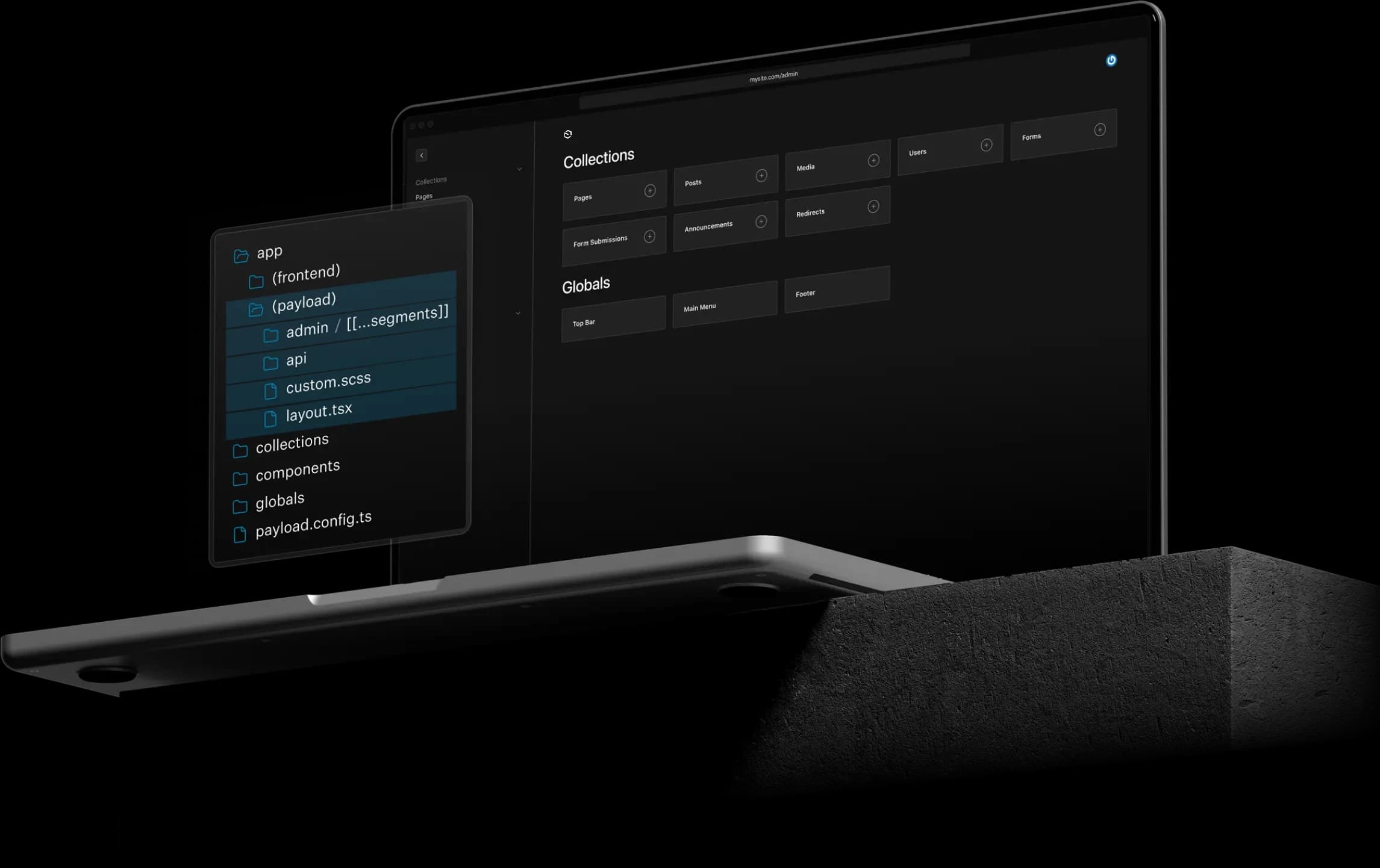 payload admin dashboard on a laptop with folder structure overlayed