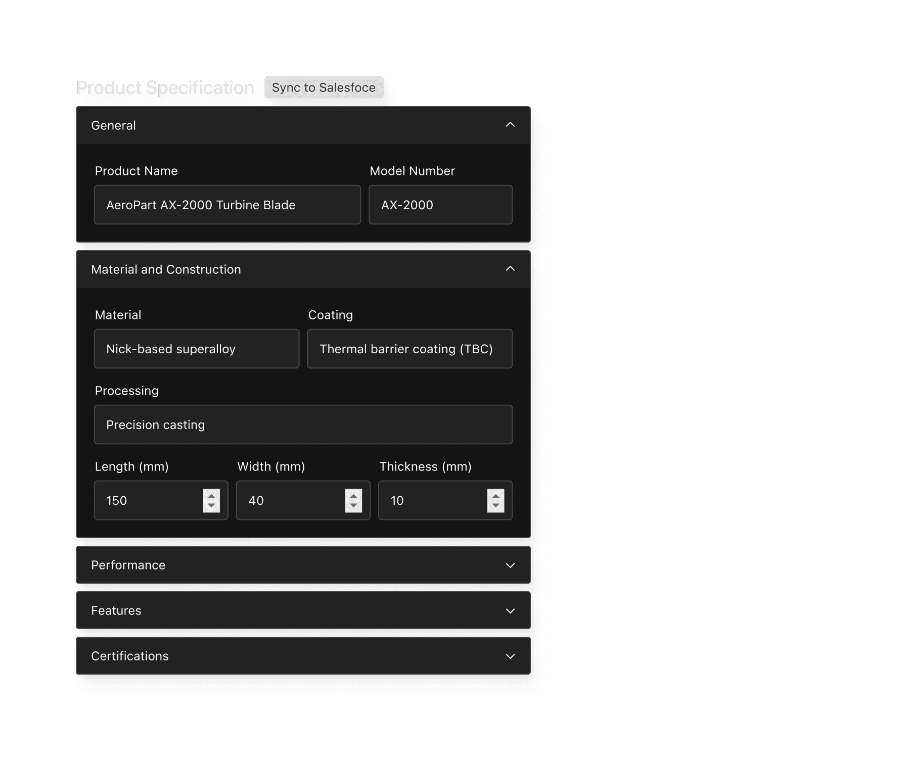 A group of collapsible fields for a product specification.
