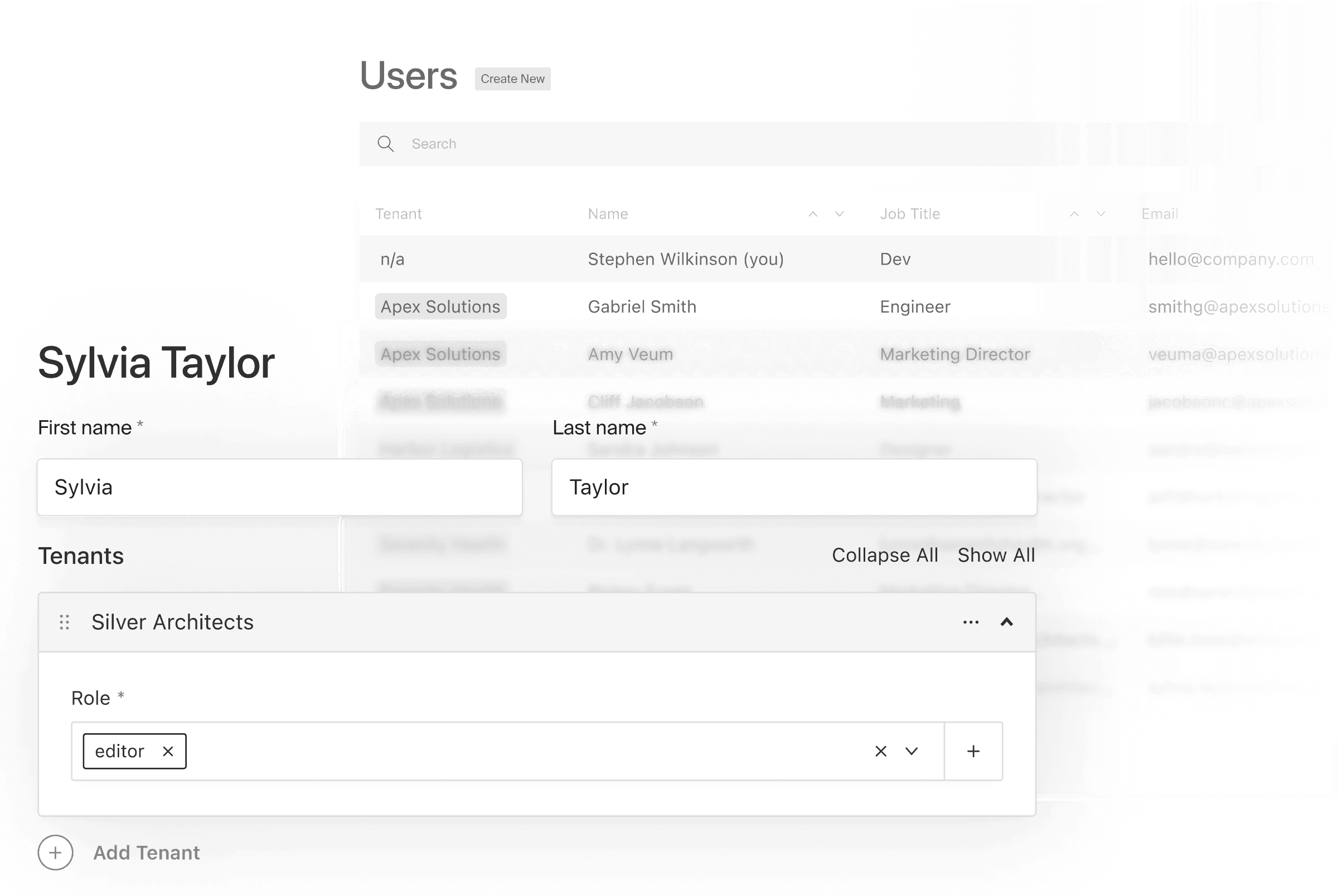 Multi-tenant user list and specific user with tenant role