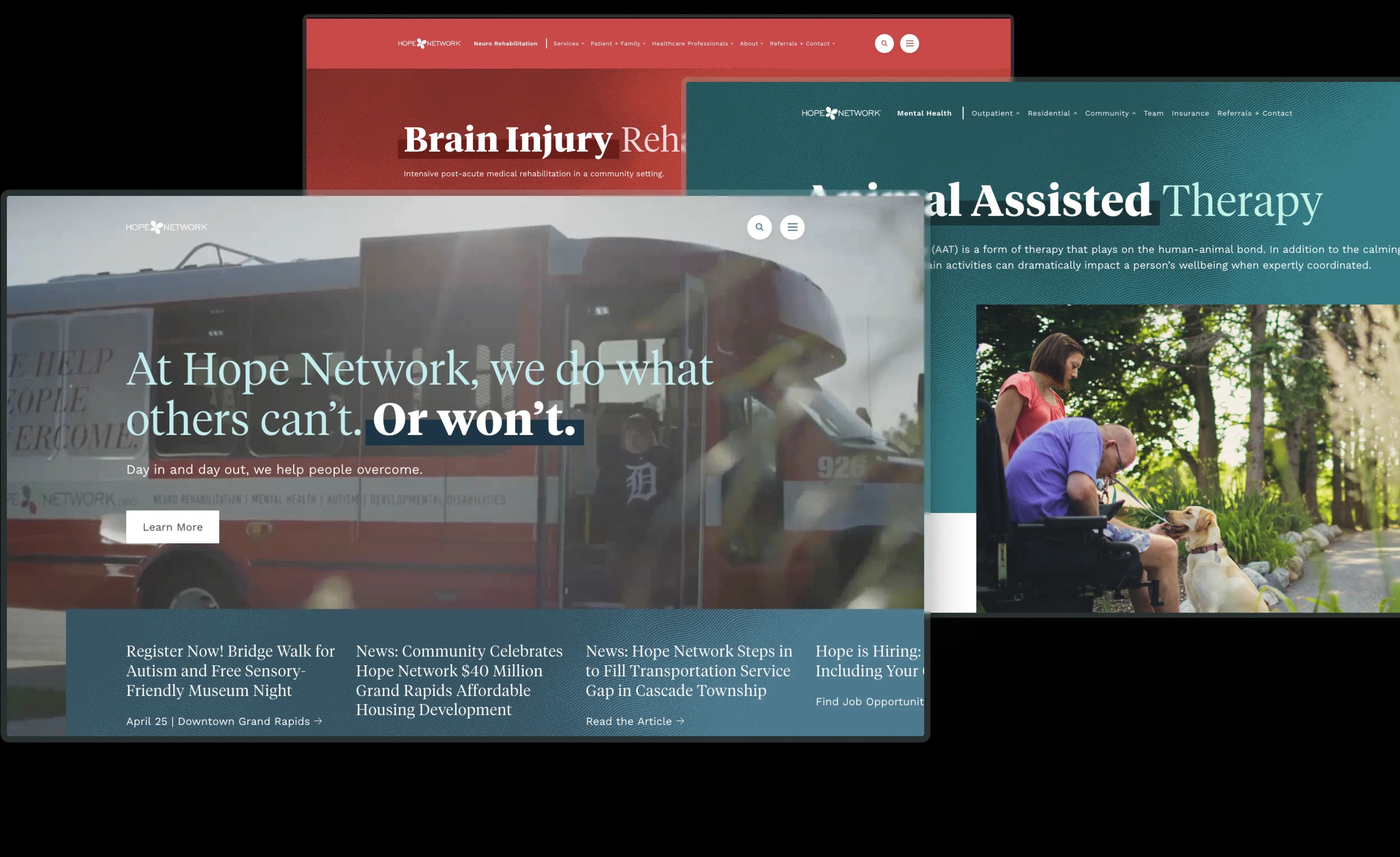 Hope Network homepage and service line examples