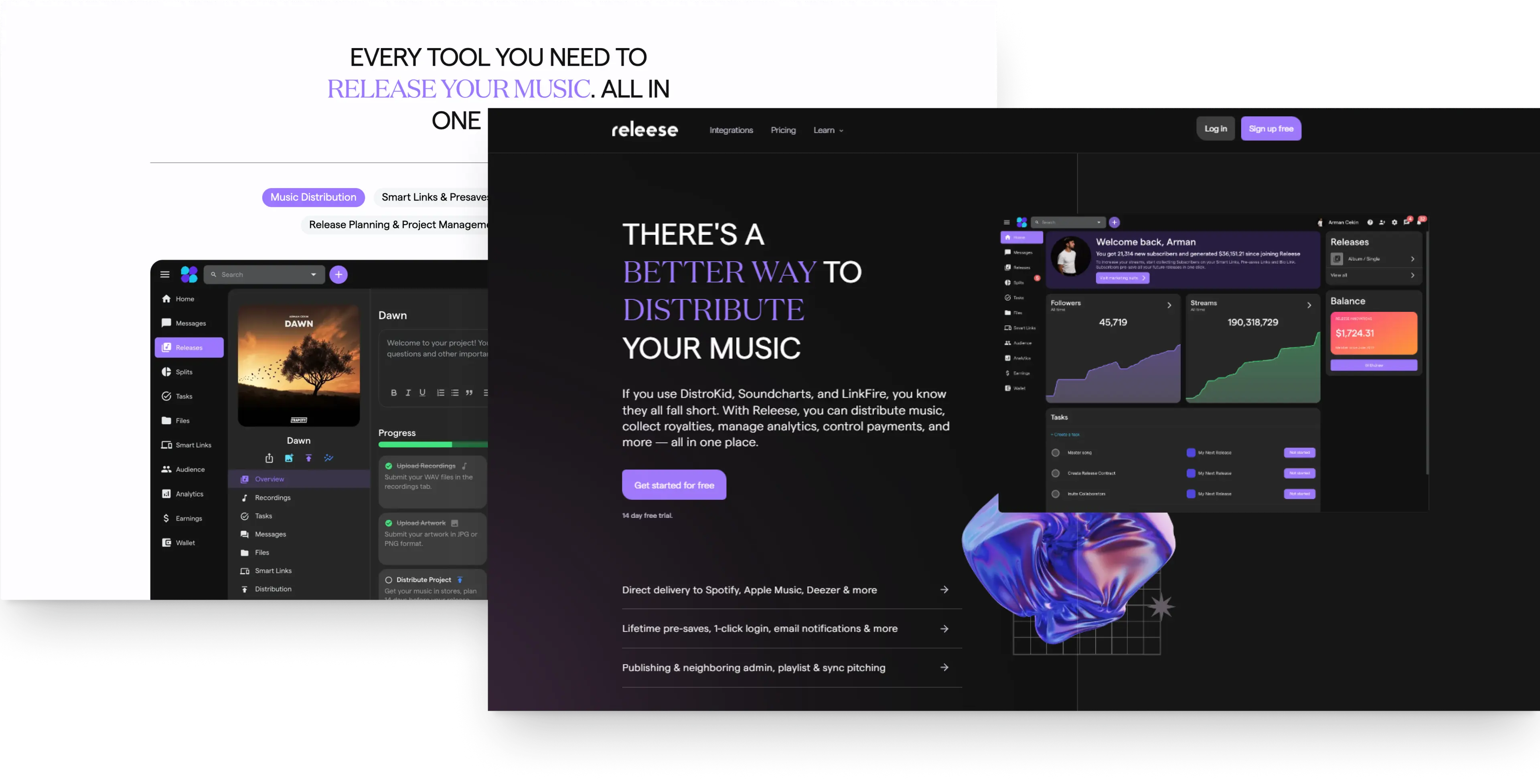 Releese music platform homepage and dashboard