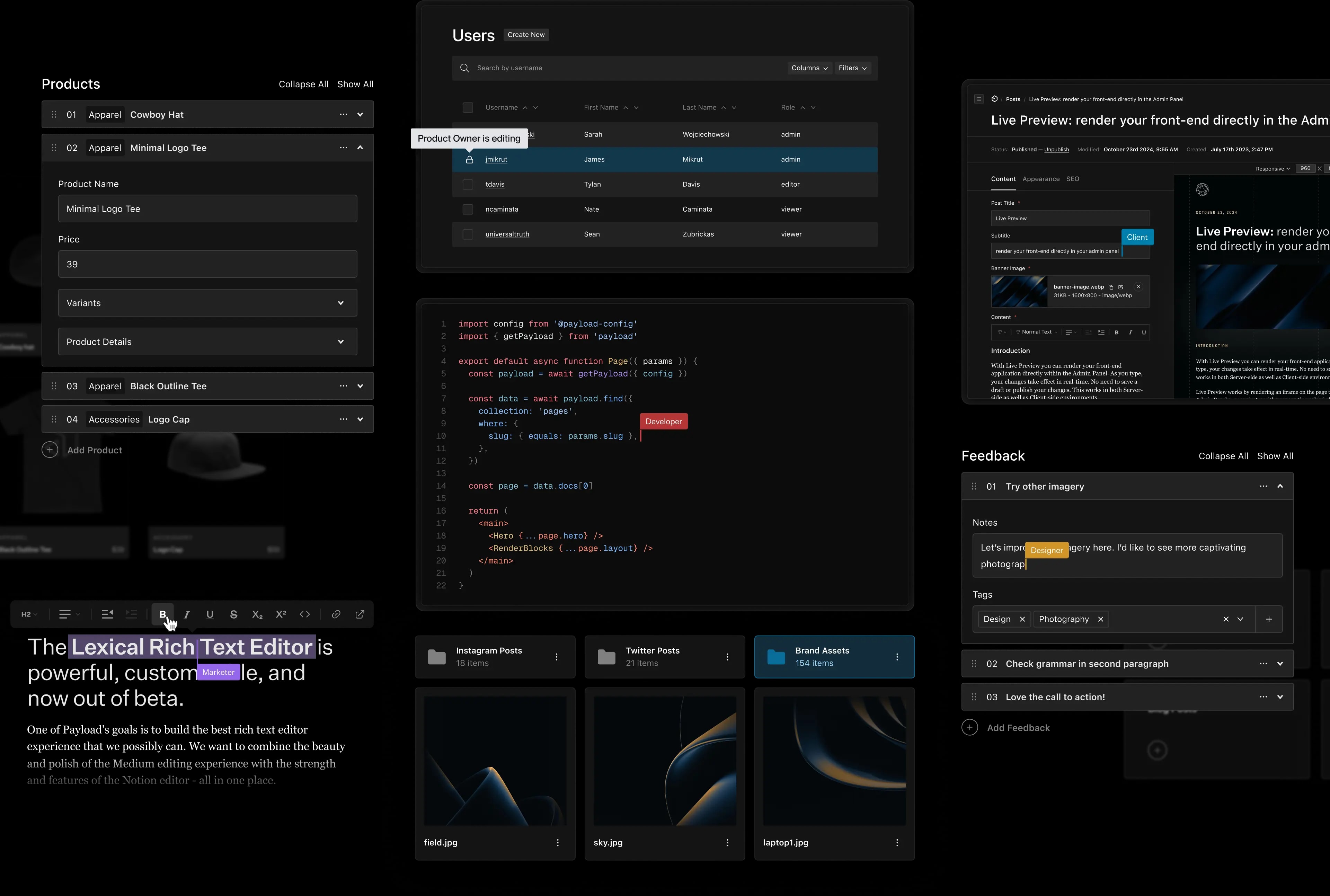 A collage of Payload admin panel components.