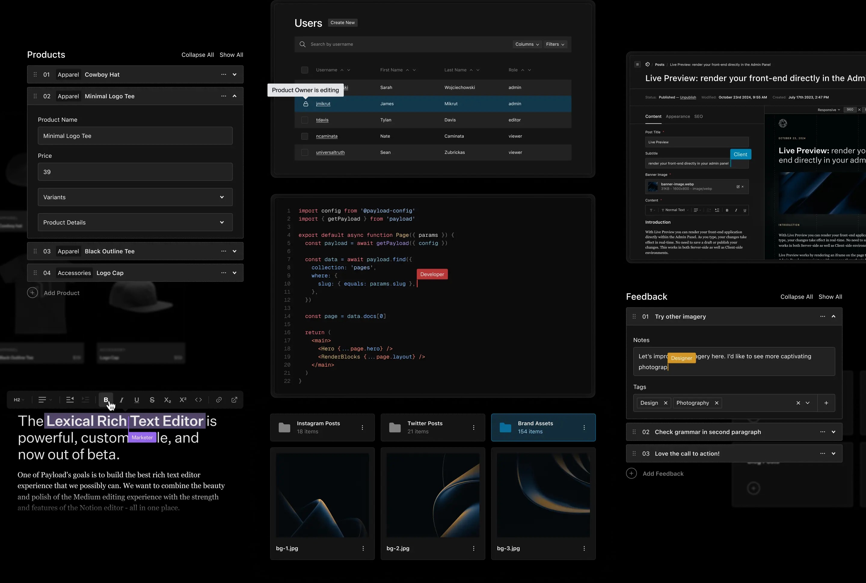 A collage of Payload admin panel components.