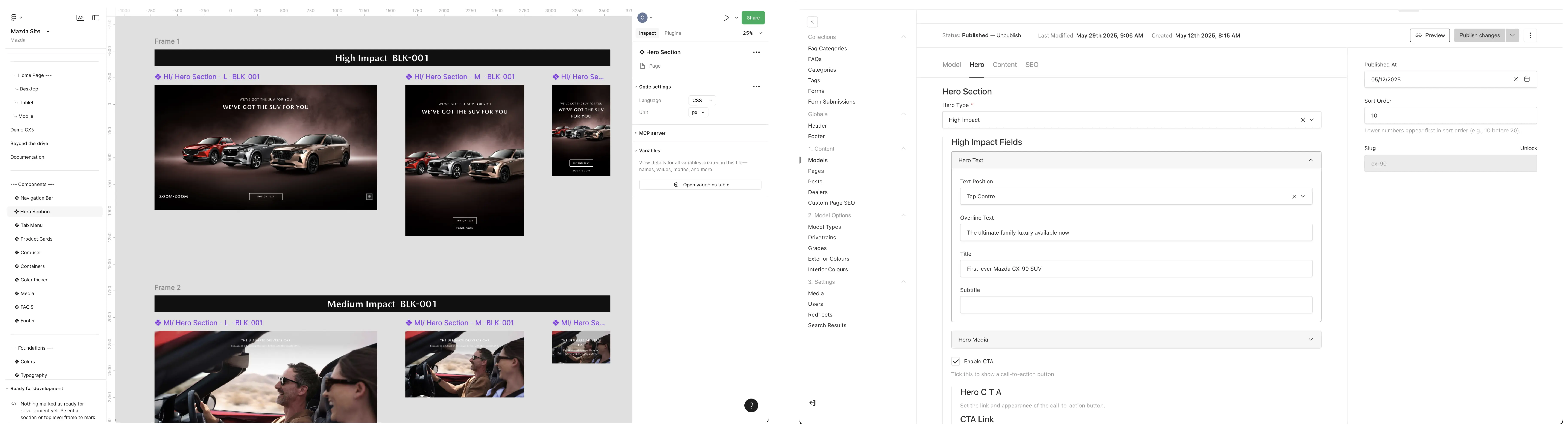 A screenshot of Figma side by side with Mazda's site CMS