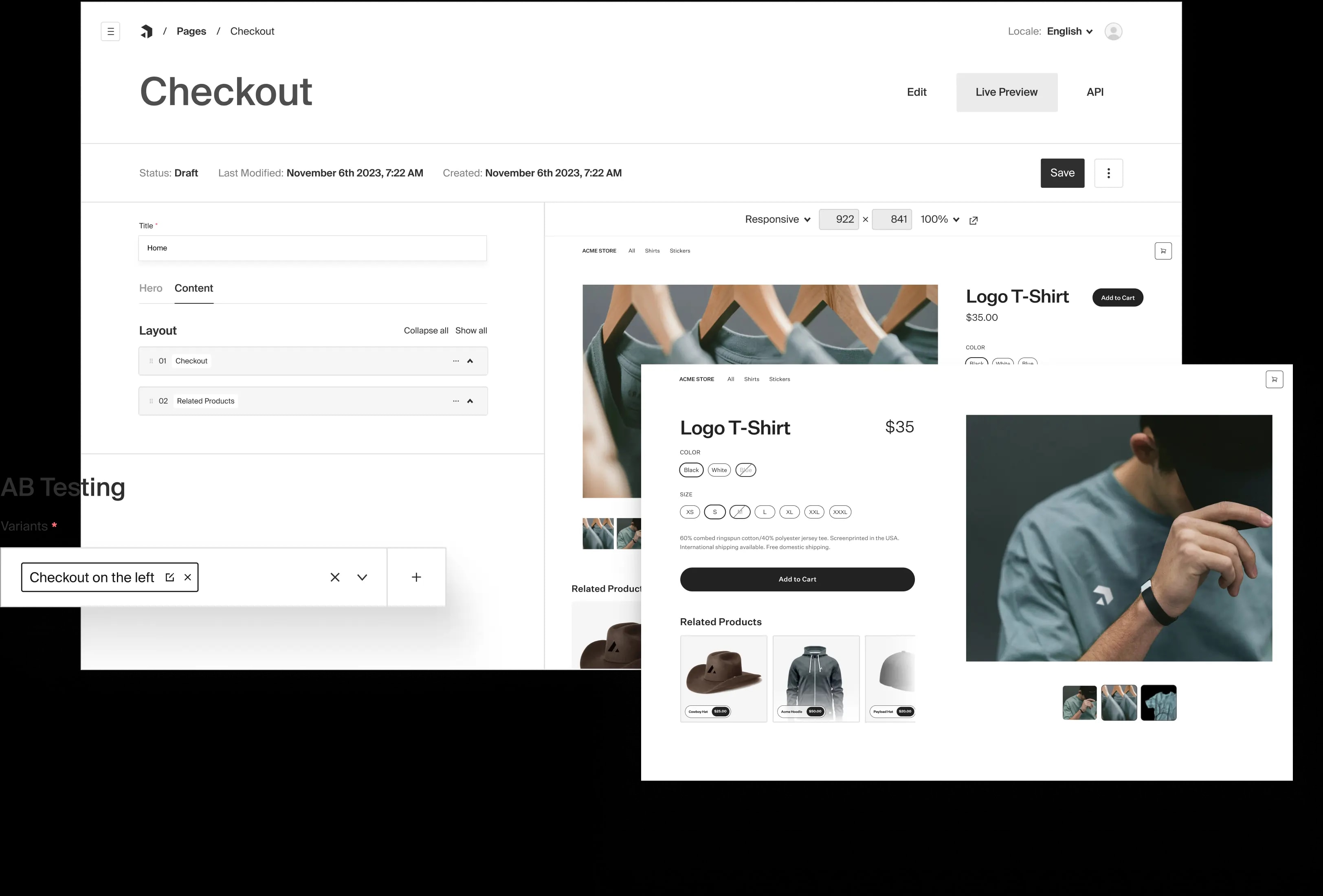 AB Testing a storefront variant with the checkout on the right, and one with the checkout on the left