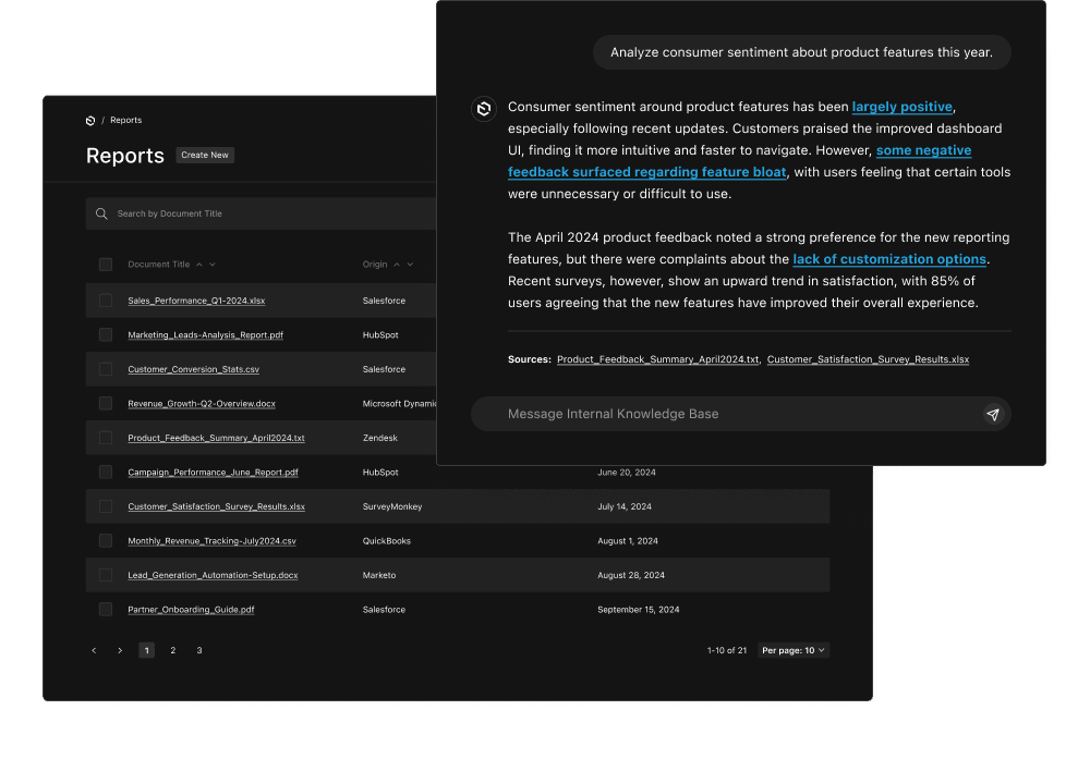 A chat bot window over a list view of documents.