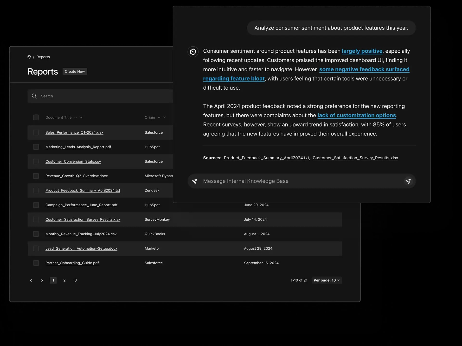 A chat bot window over a list view of documents