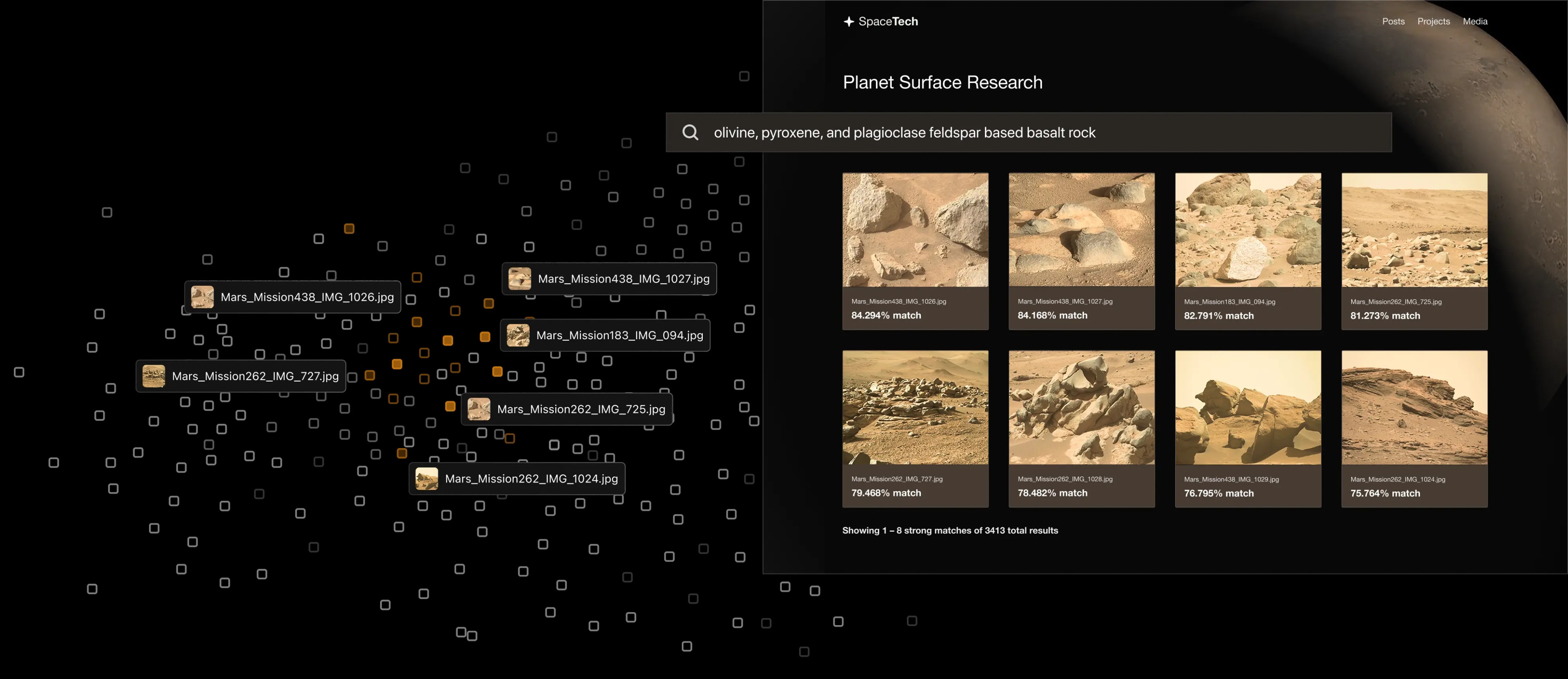 AI search vector embeddings cluster, with UI showing search results and their relevance score percentage 