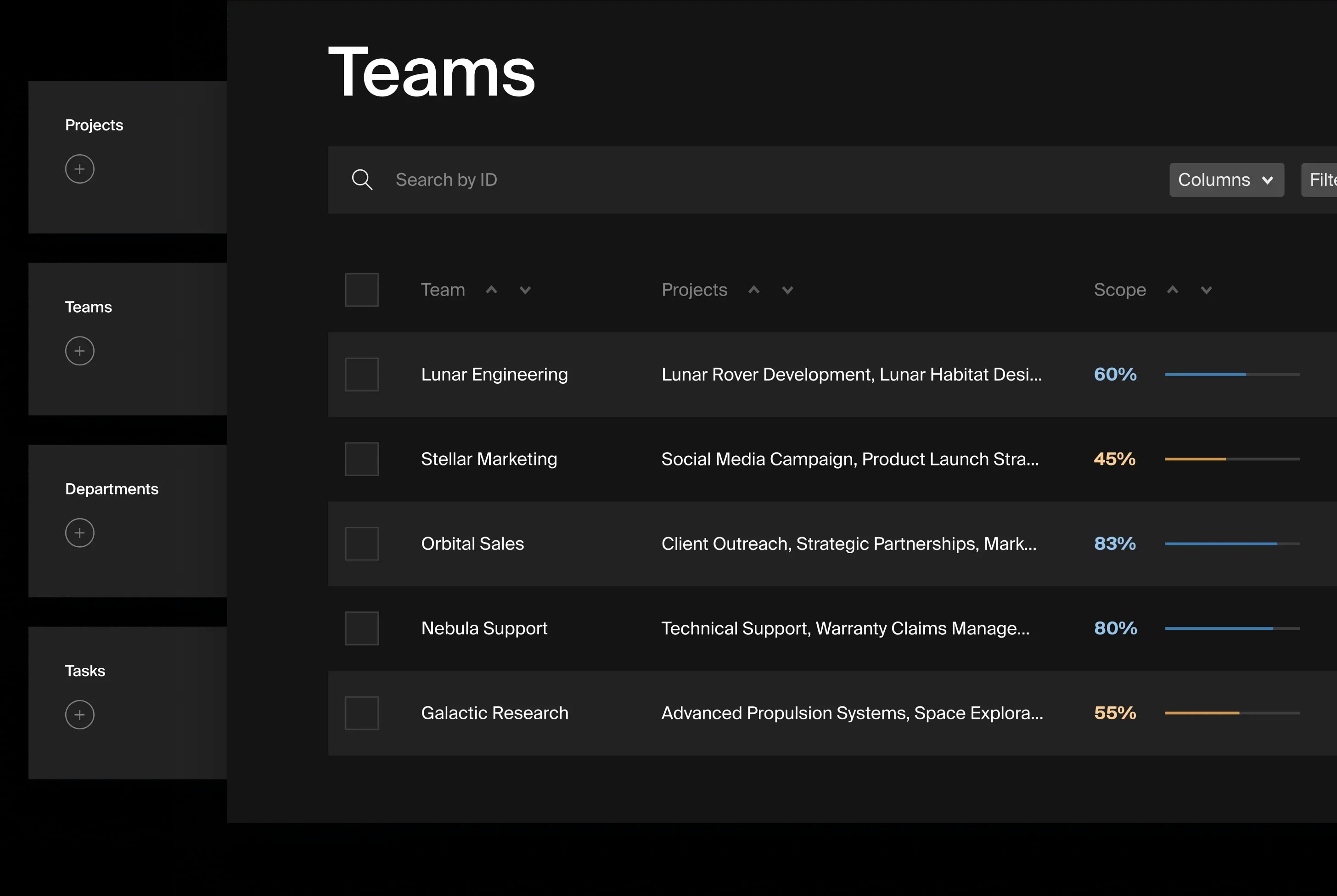 A stack of collection buttons and a list view of teams.