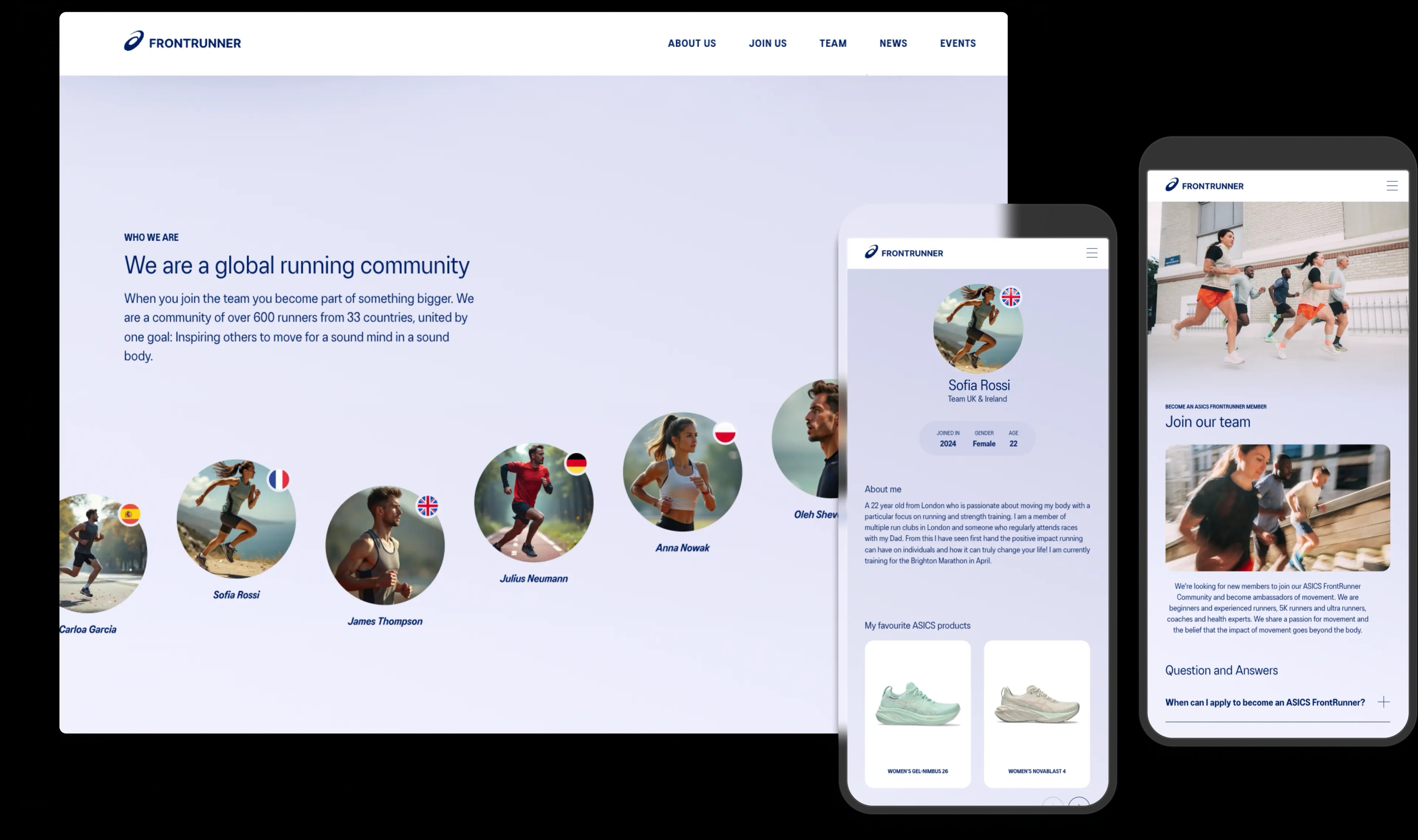 ASICS Frontrunner community member carousel, user profile, and sign up screenshots