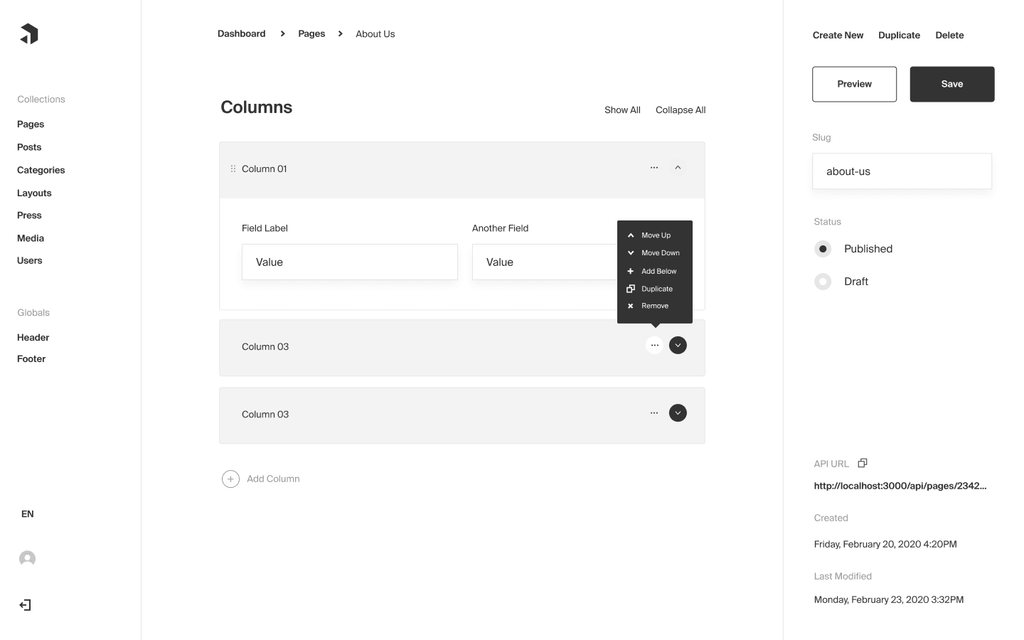 Payload CMS Columns Screenshot