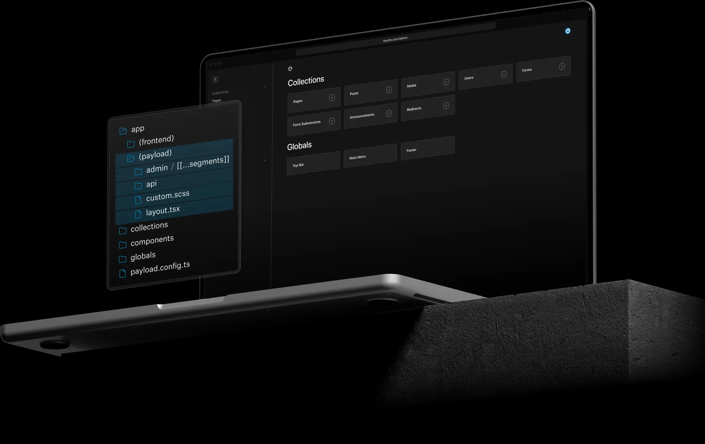 payload admin dashboard on a laptop with folder structure overlayed