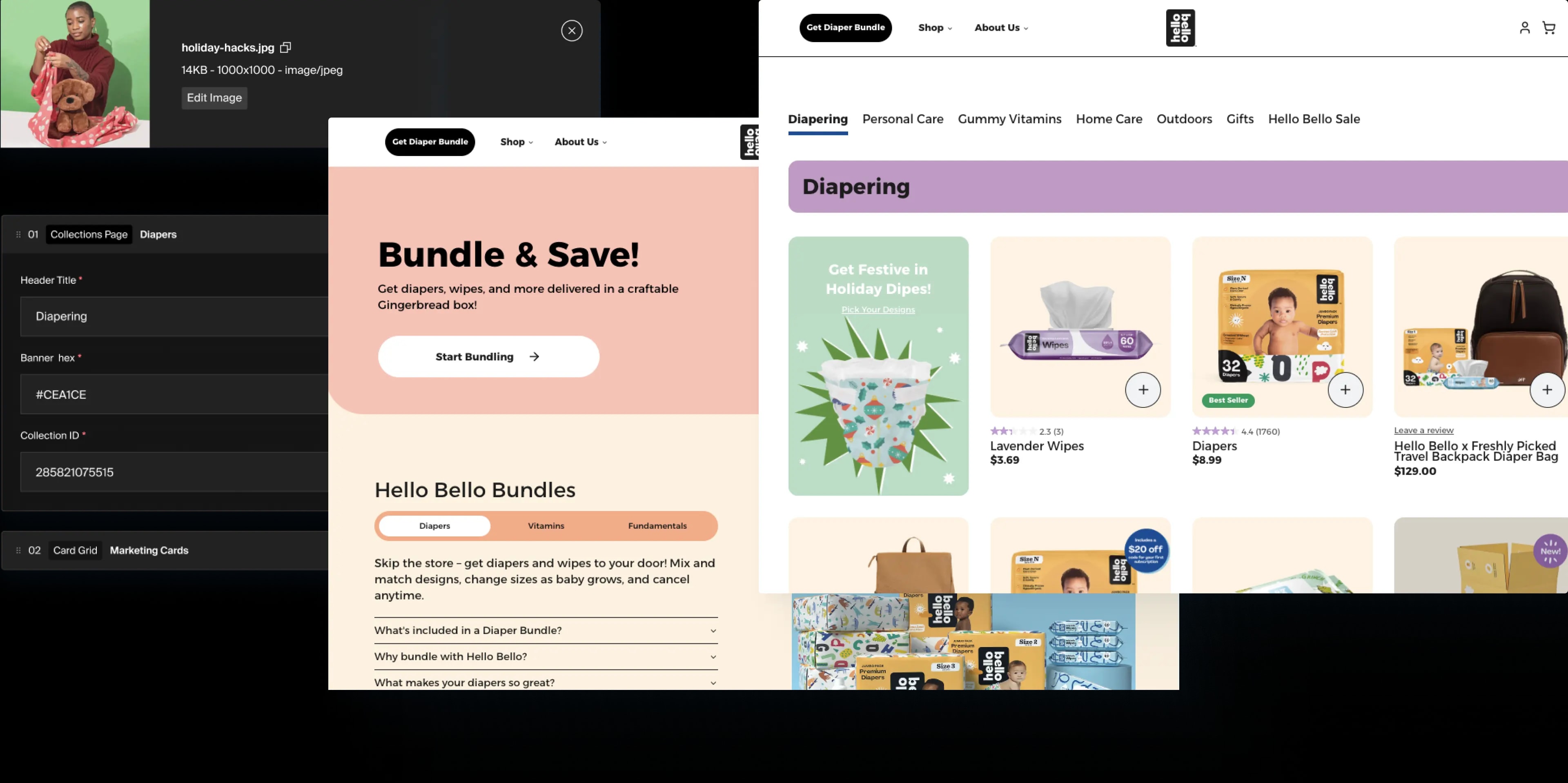 Hello Bello website screenshots and CMS UI hero