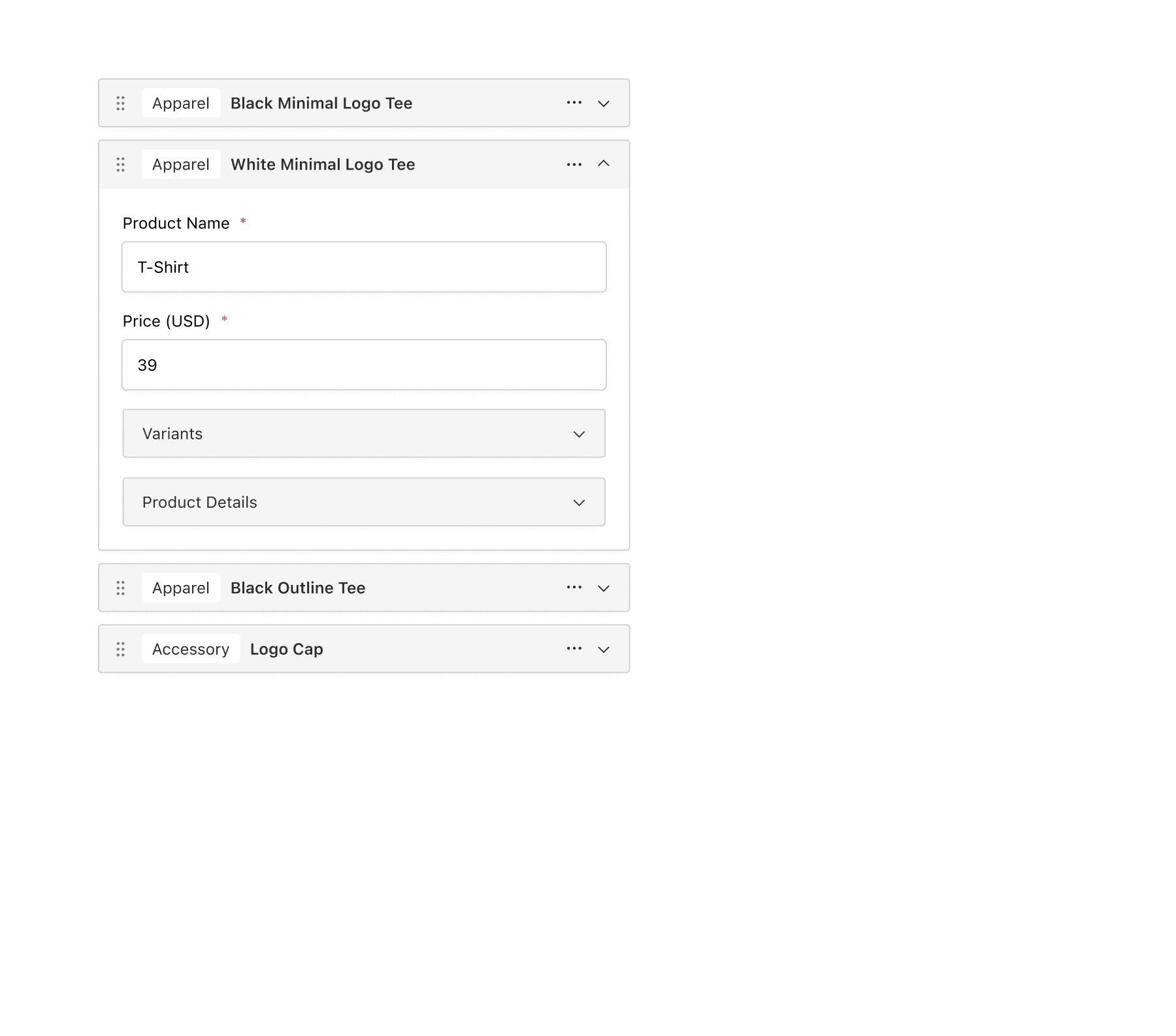 An array of product block fields.