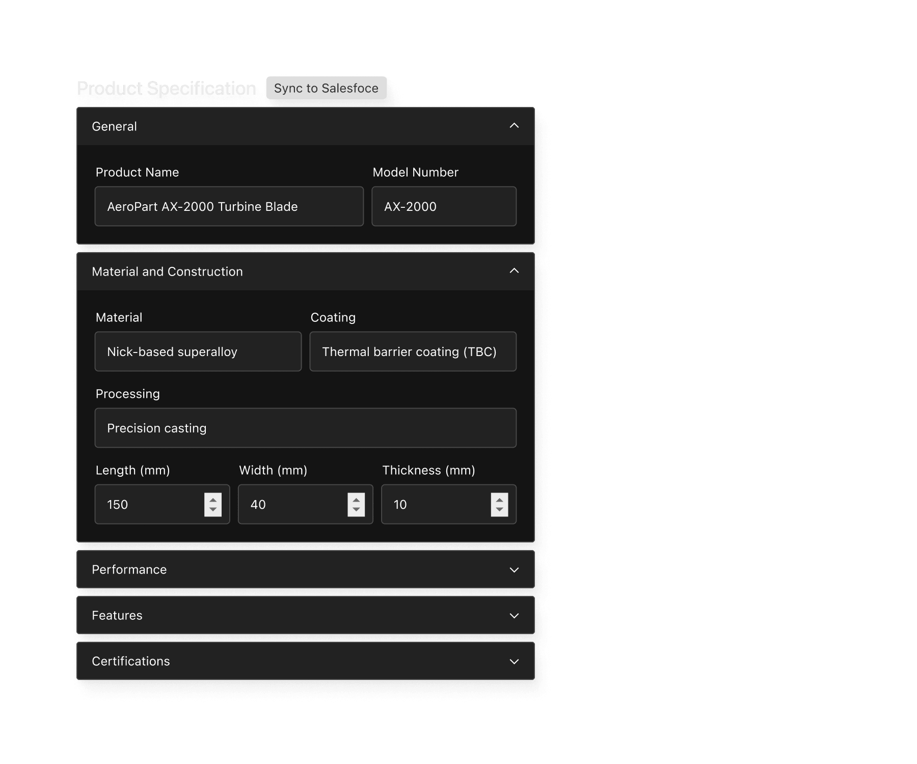 A group of collapsible fields for a product specification.