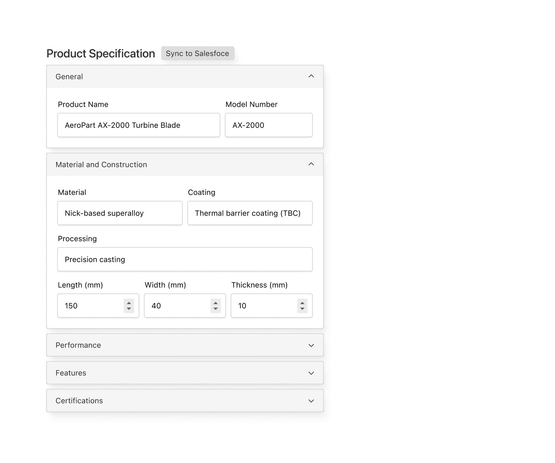 A group of collapsible fields for a product specification.