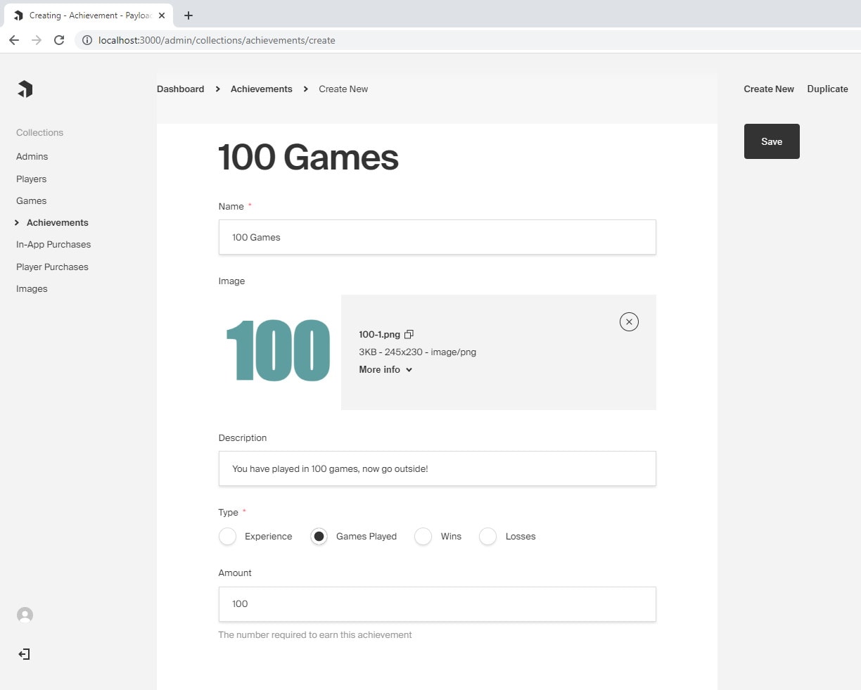 Payload CMS Manage Achievements Screenshot