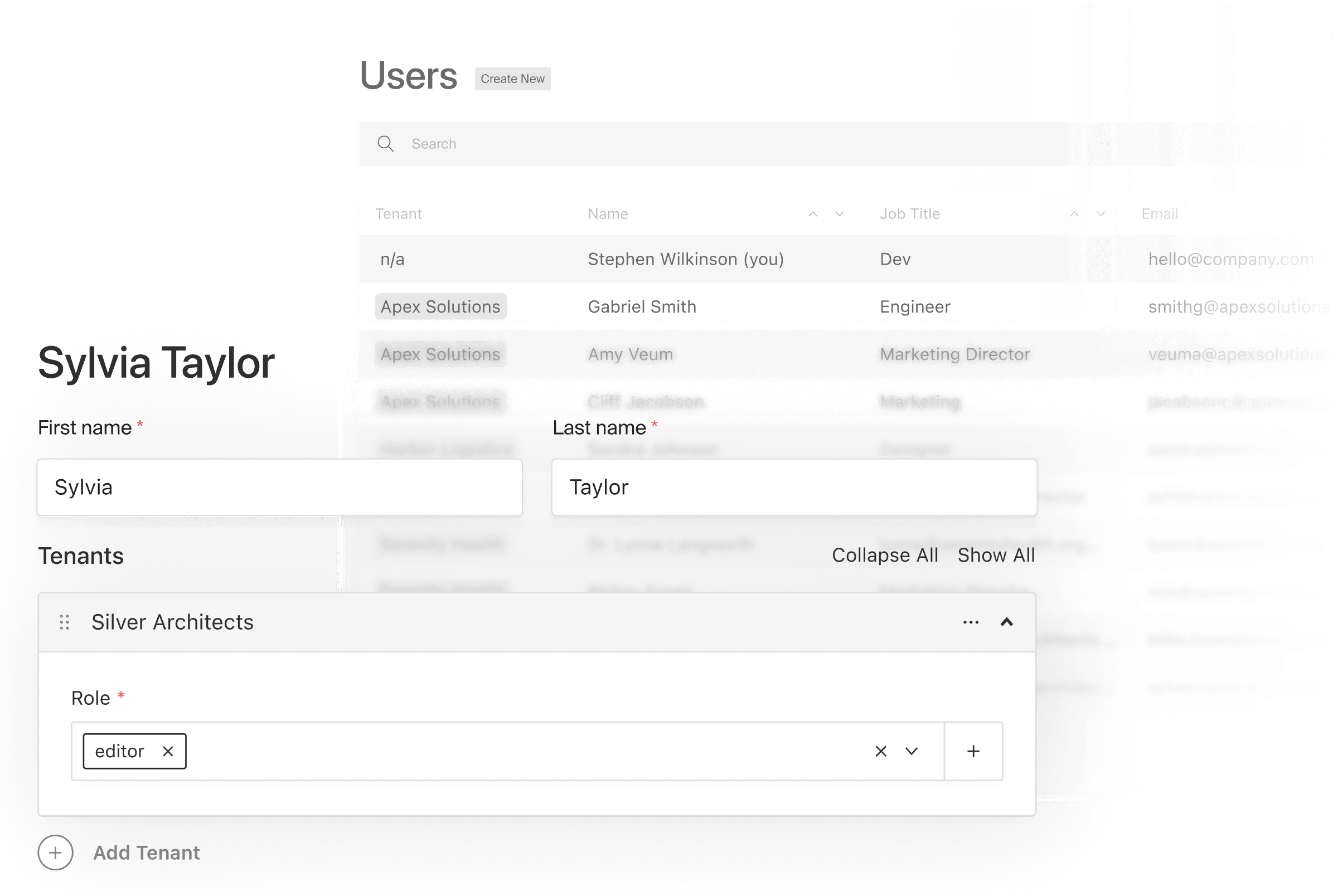 Multi-tenant user list and specific user with tenant role