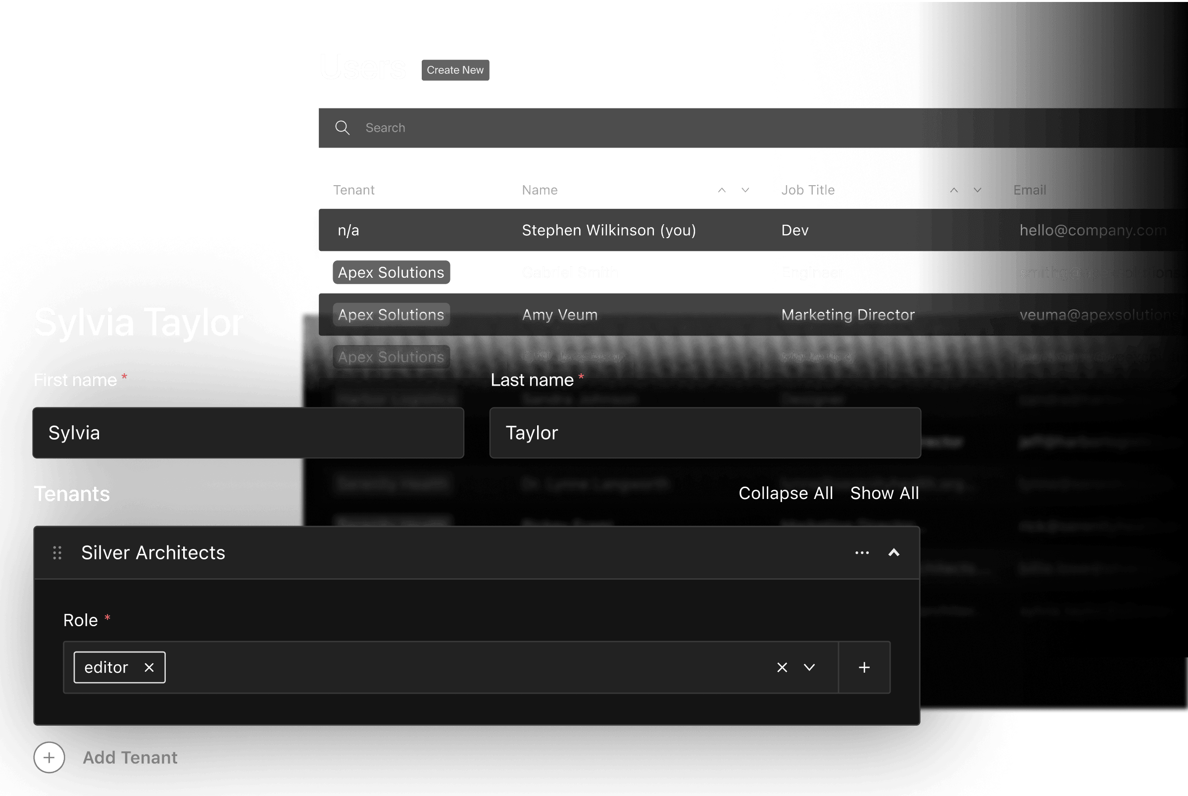 Multi-tenant user list and specific user with tenant role