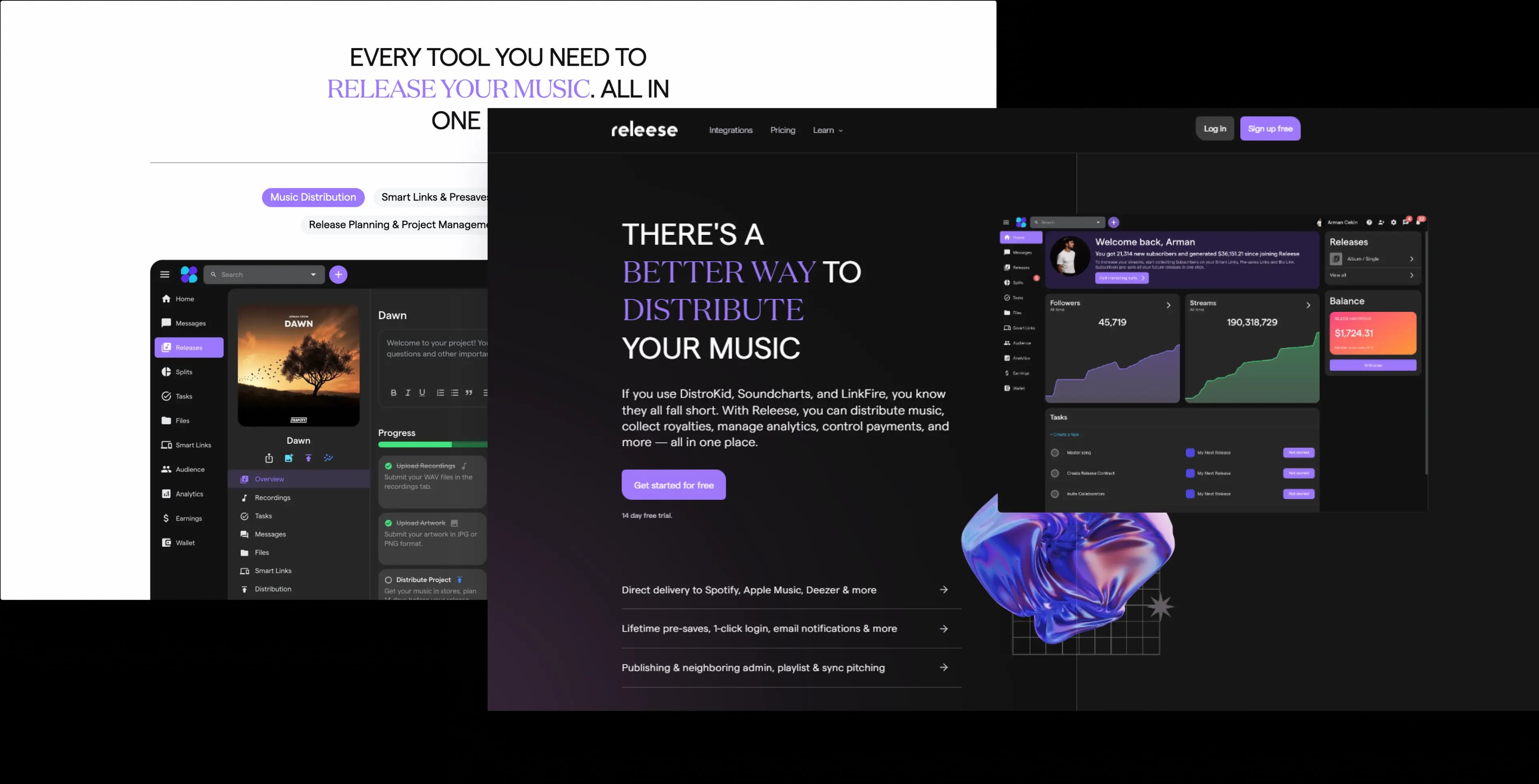 Releese music platform homepage and dashboard