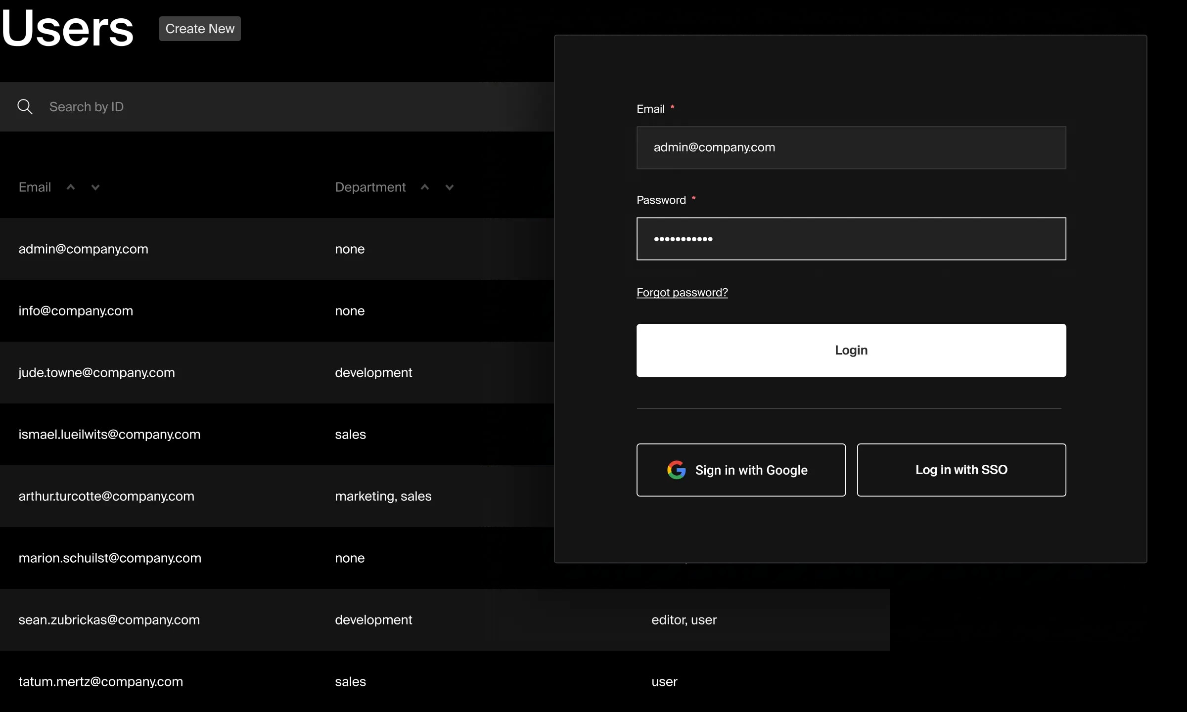 Screenshots of a list of users and a login dialog.