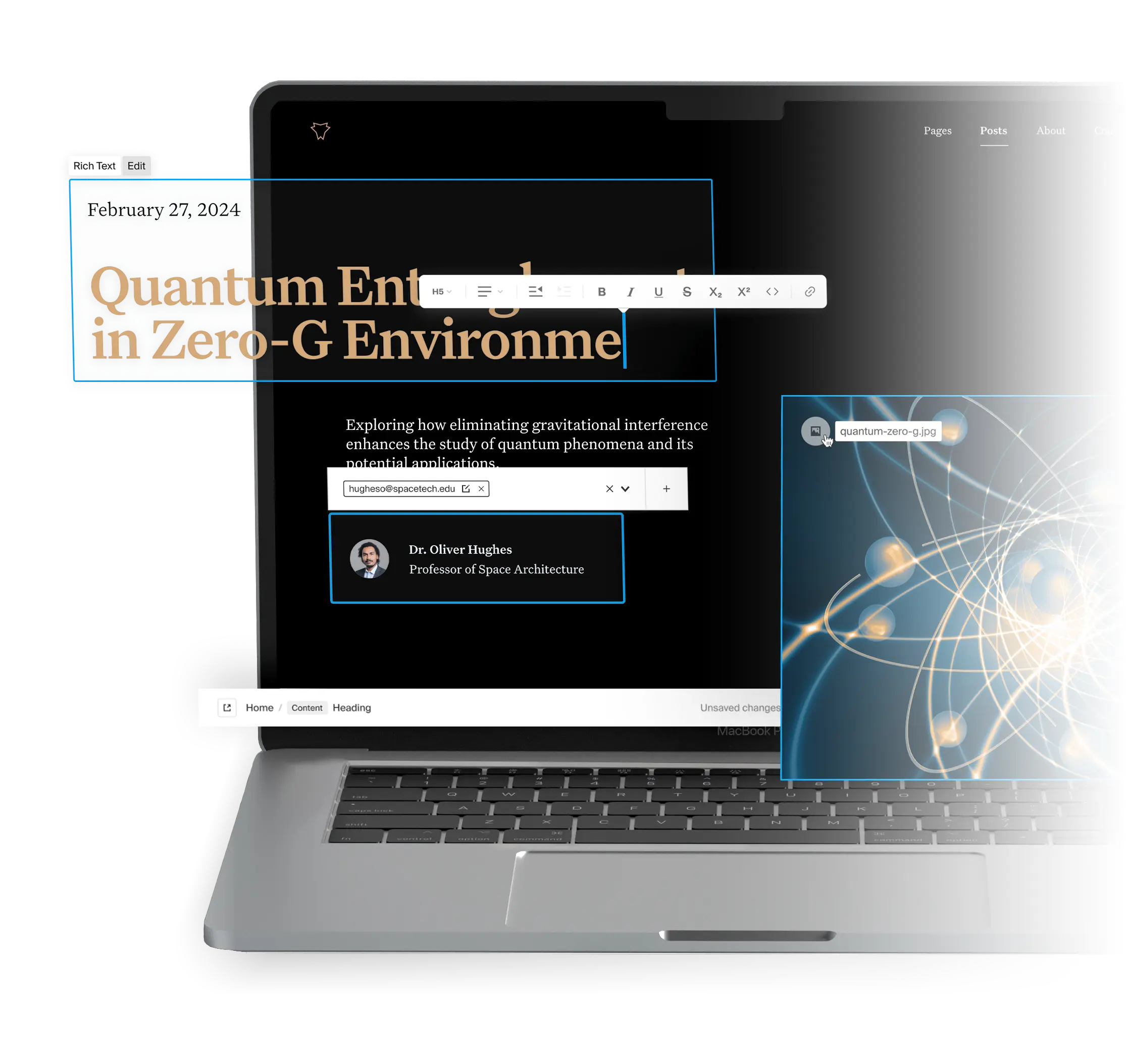 a laptop depicting a blog post about space, and how to edit various elements such as rich text, relationships, and media with the Payload visual editor
