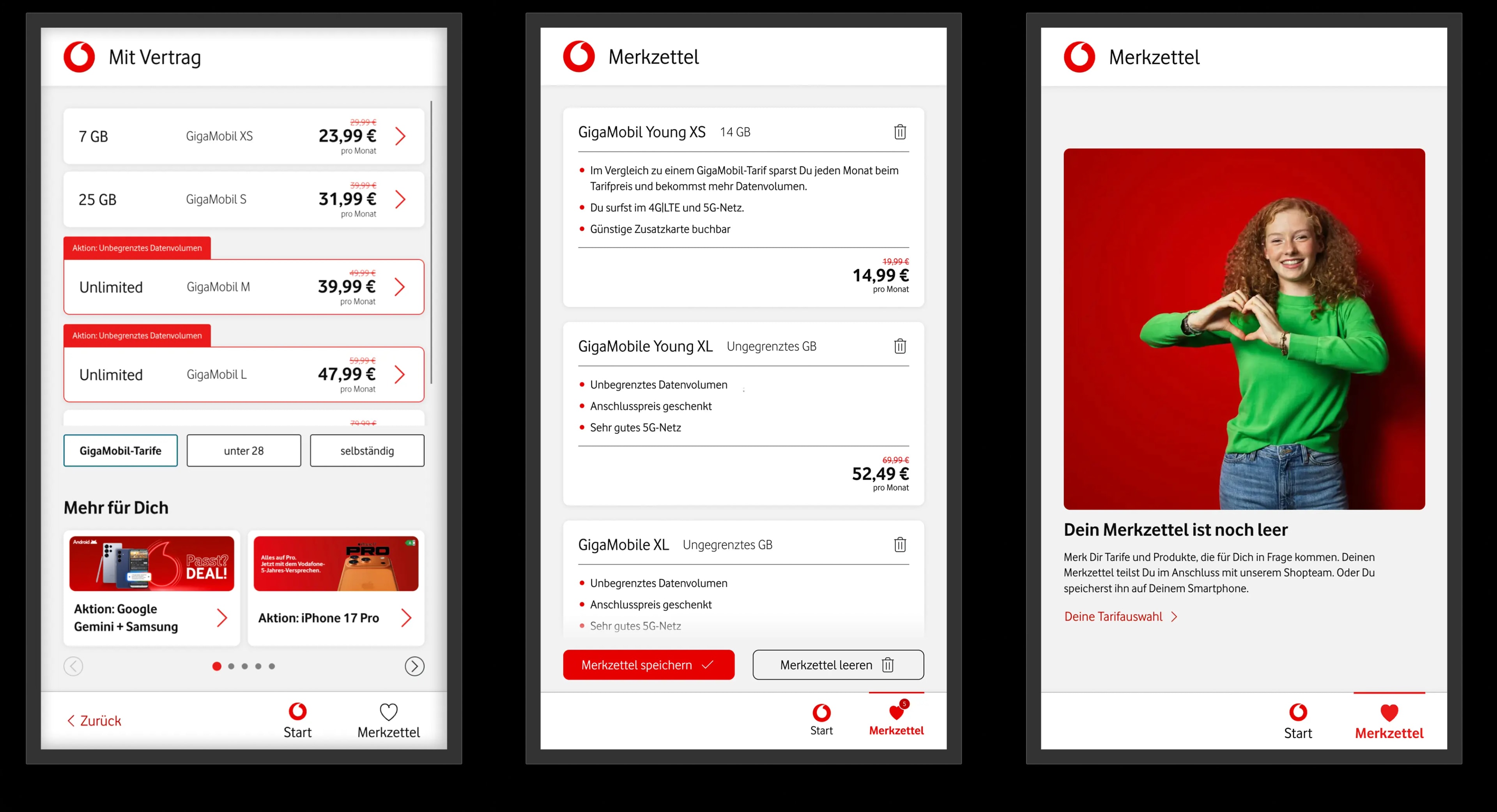 vodaphone kiosk screen designs depicting contract and tariff options 