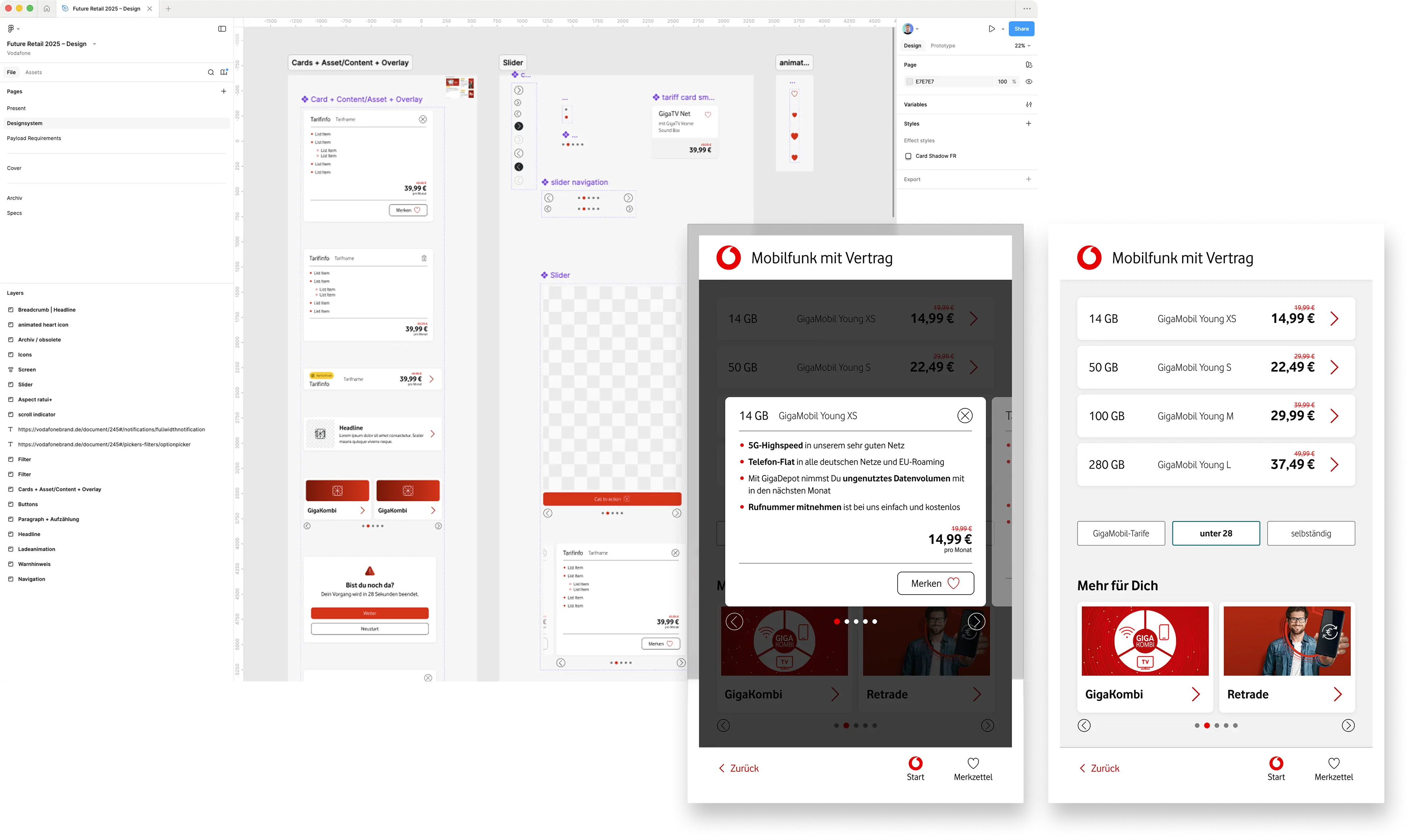 vodaphone design system in figma and corresponding UI screens