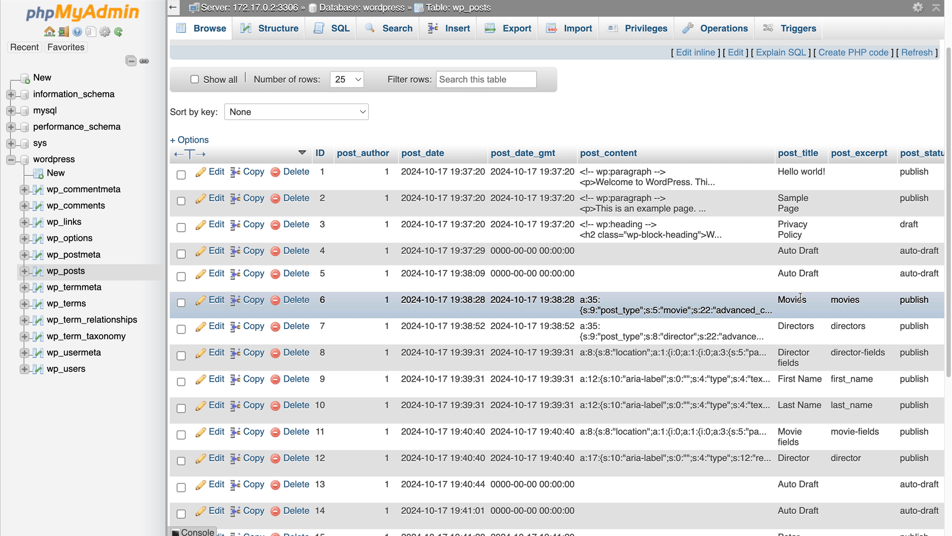 WordPress ACF Demo: WordPress' wp-post table