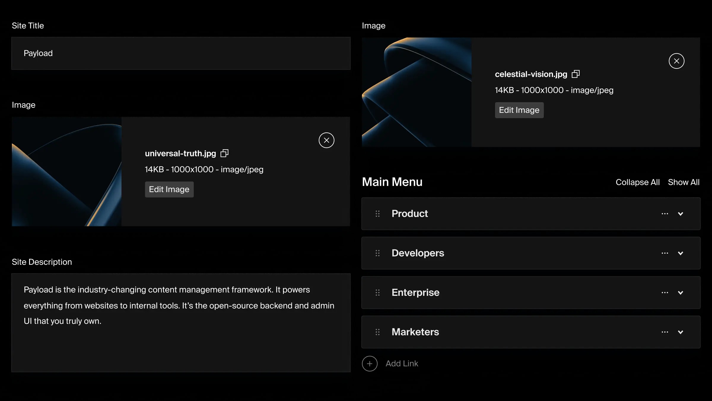 A collage of Payload admin panel field types in dark mode.