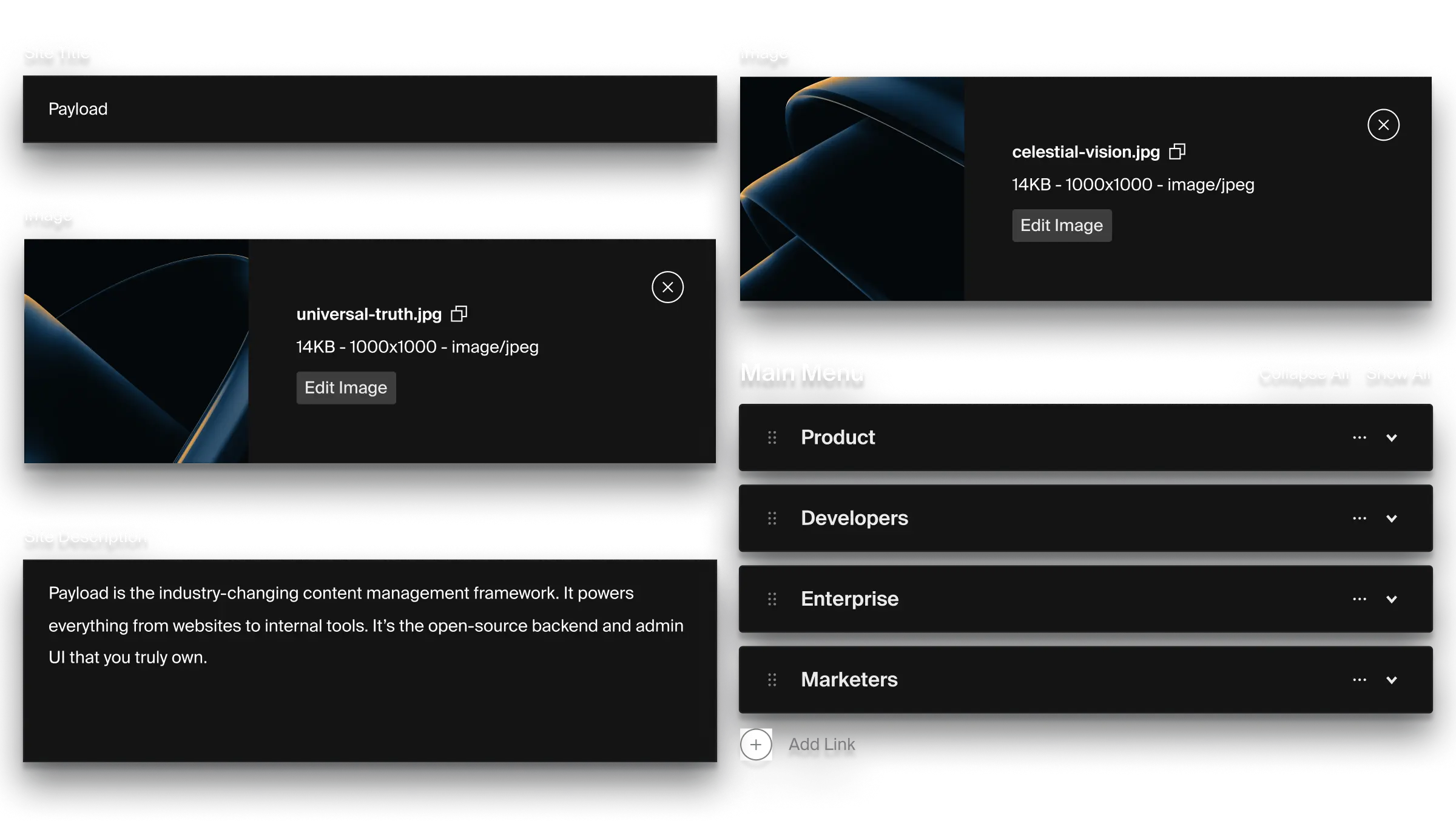 A collage of Payload admin panel field types in dark mode.