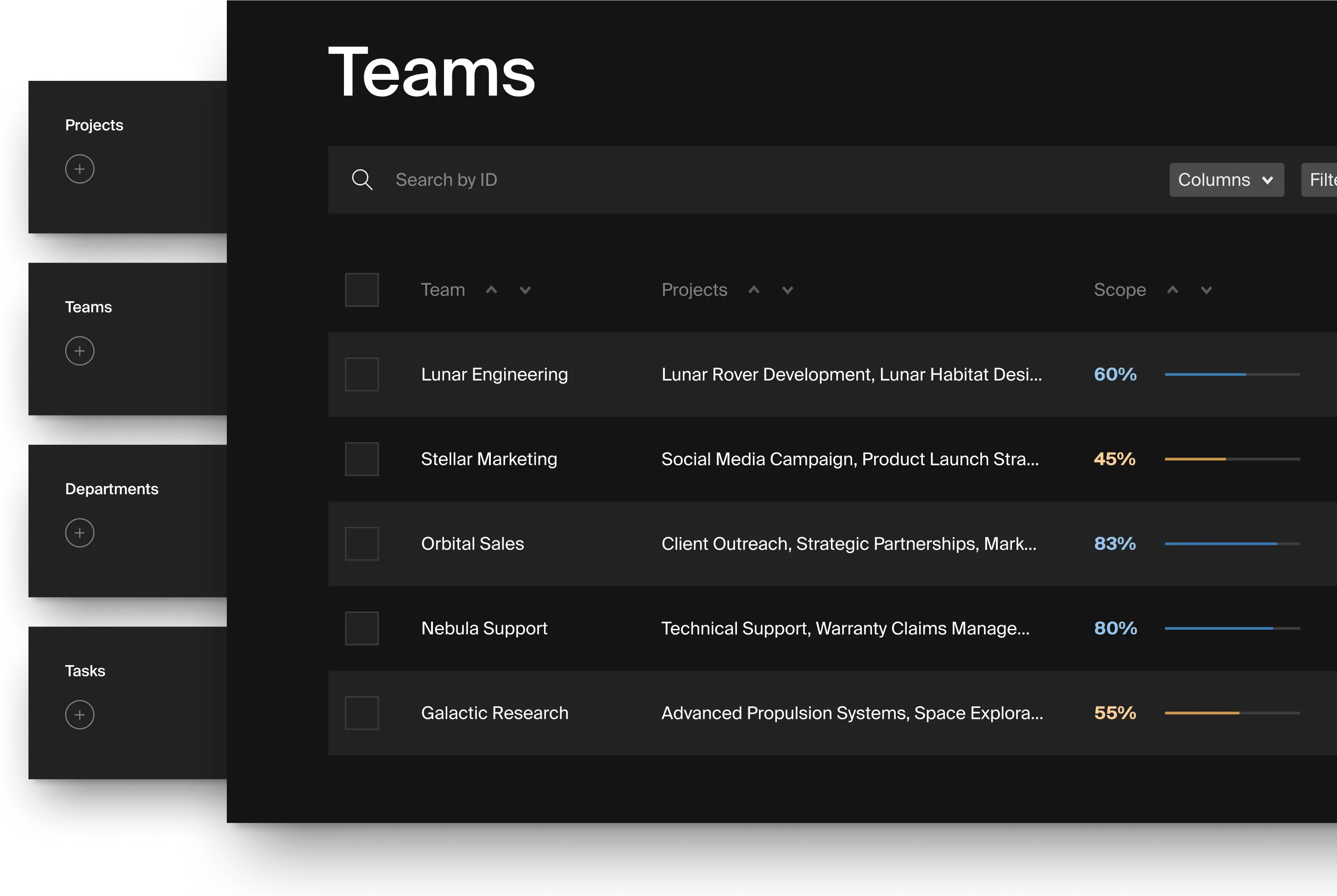 A stack of collection buttons and a list view of teams.