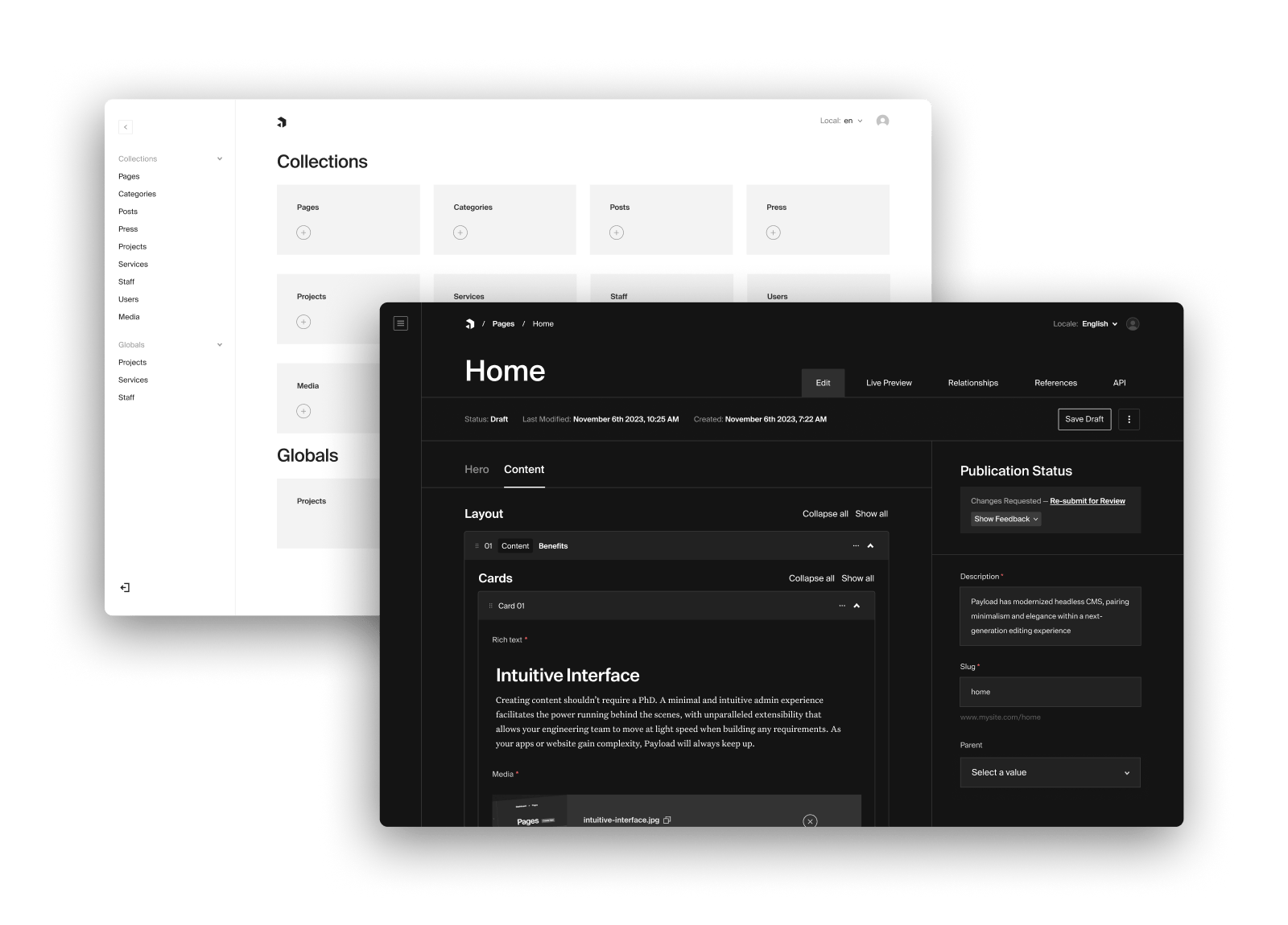 Payload's clean minimal admin panel interface