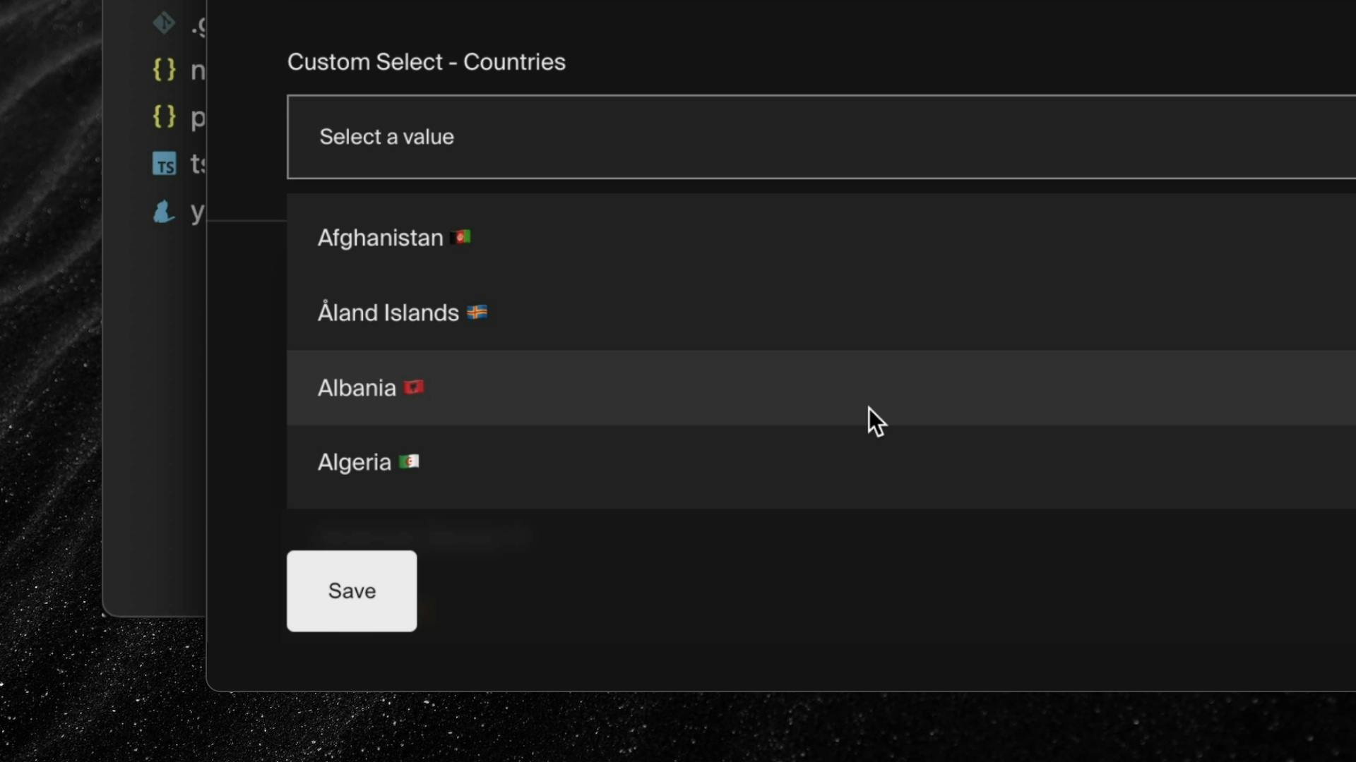 A custom select field with a dropdown list of countries, in the typical Payload style