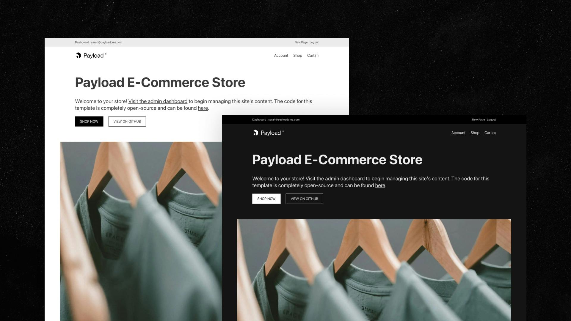 The e-commerce template website homepage, in dark and light mode