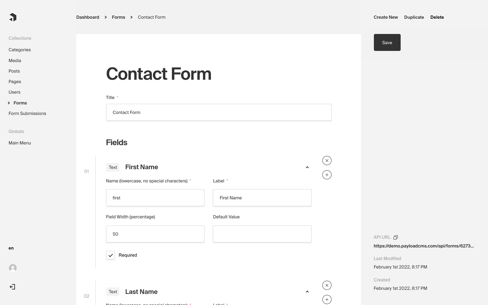 Payload CMS Forms Screenshot