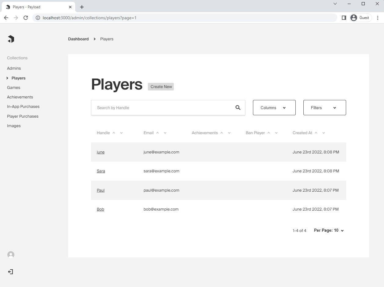 Payload CMS Player List Screenshot