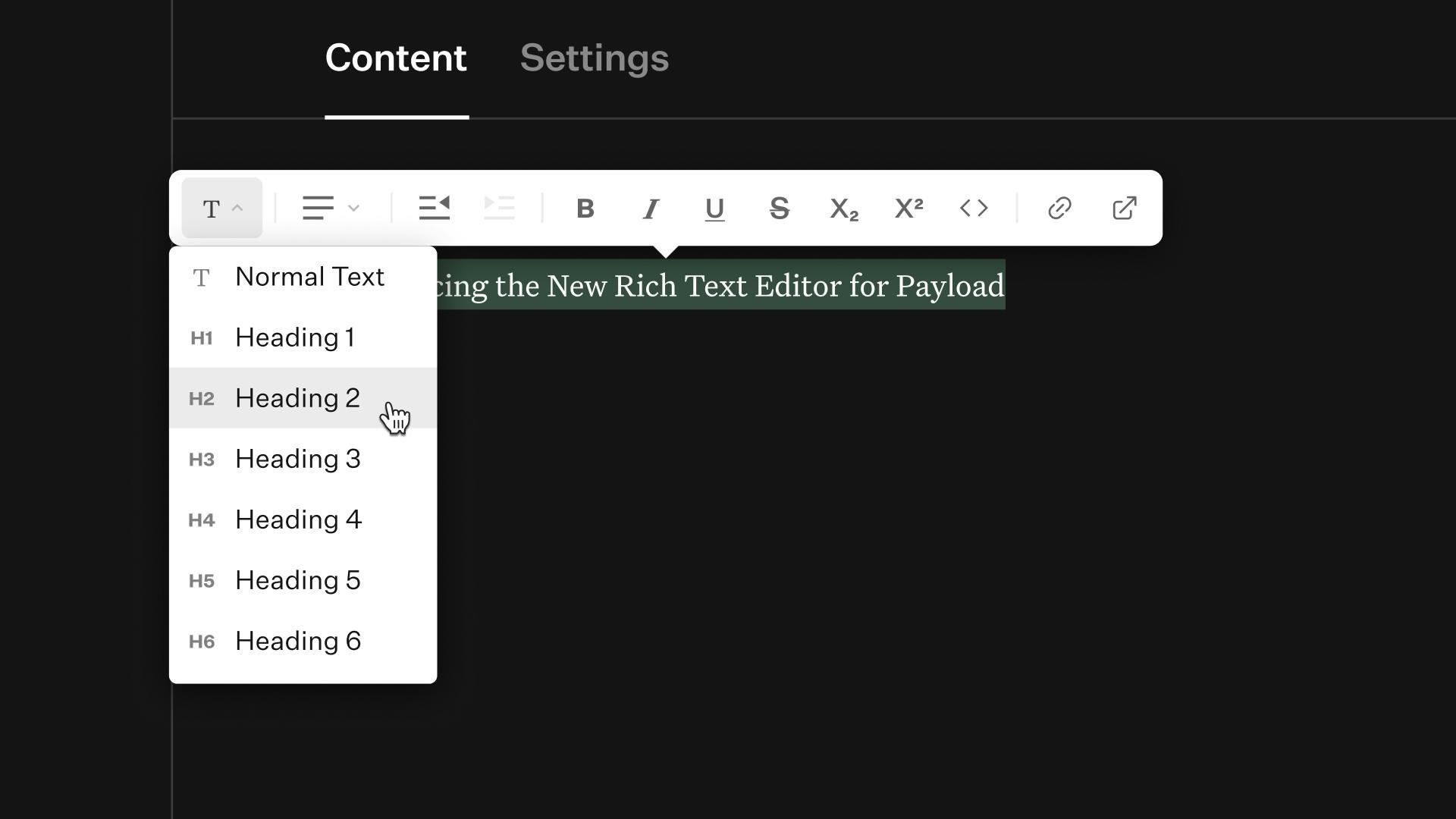 A screenshot of the format option dropdown menu in the rich text editor.
