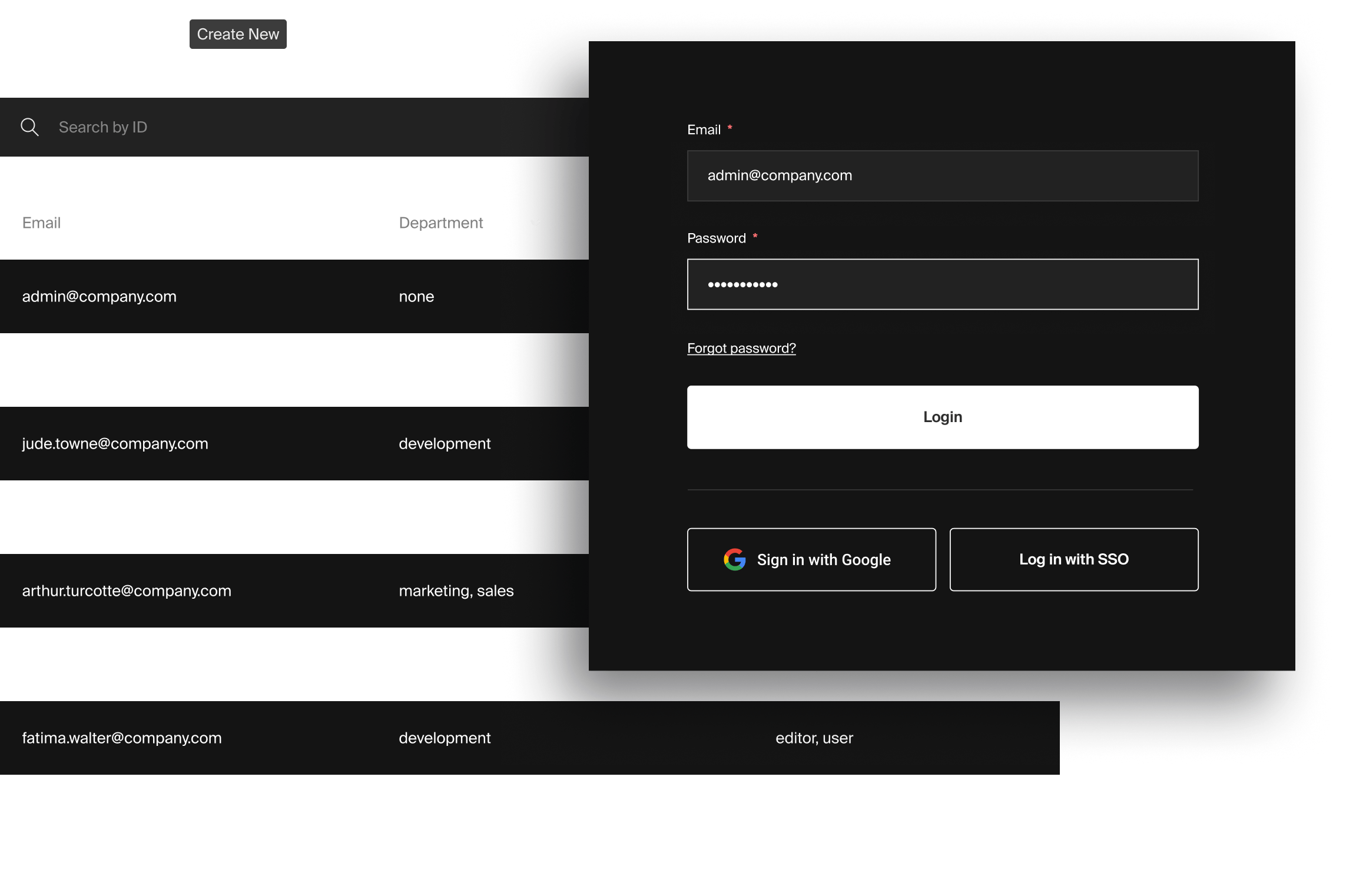 Screenshots of a list of users and a login dialog.