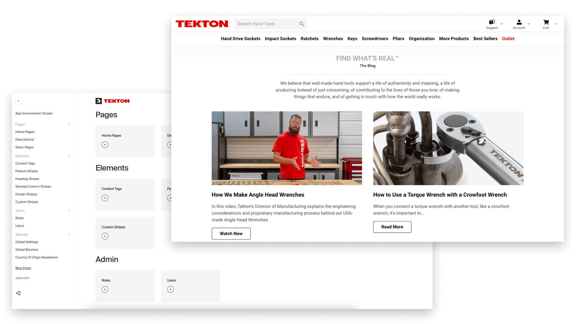 A screenshot of the frontend and backend of Tekton's website.