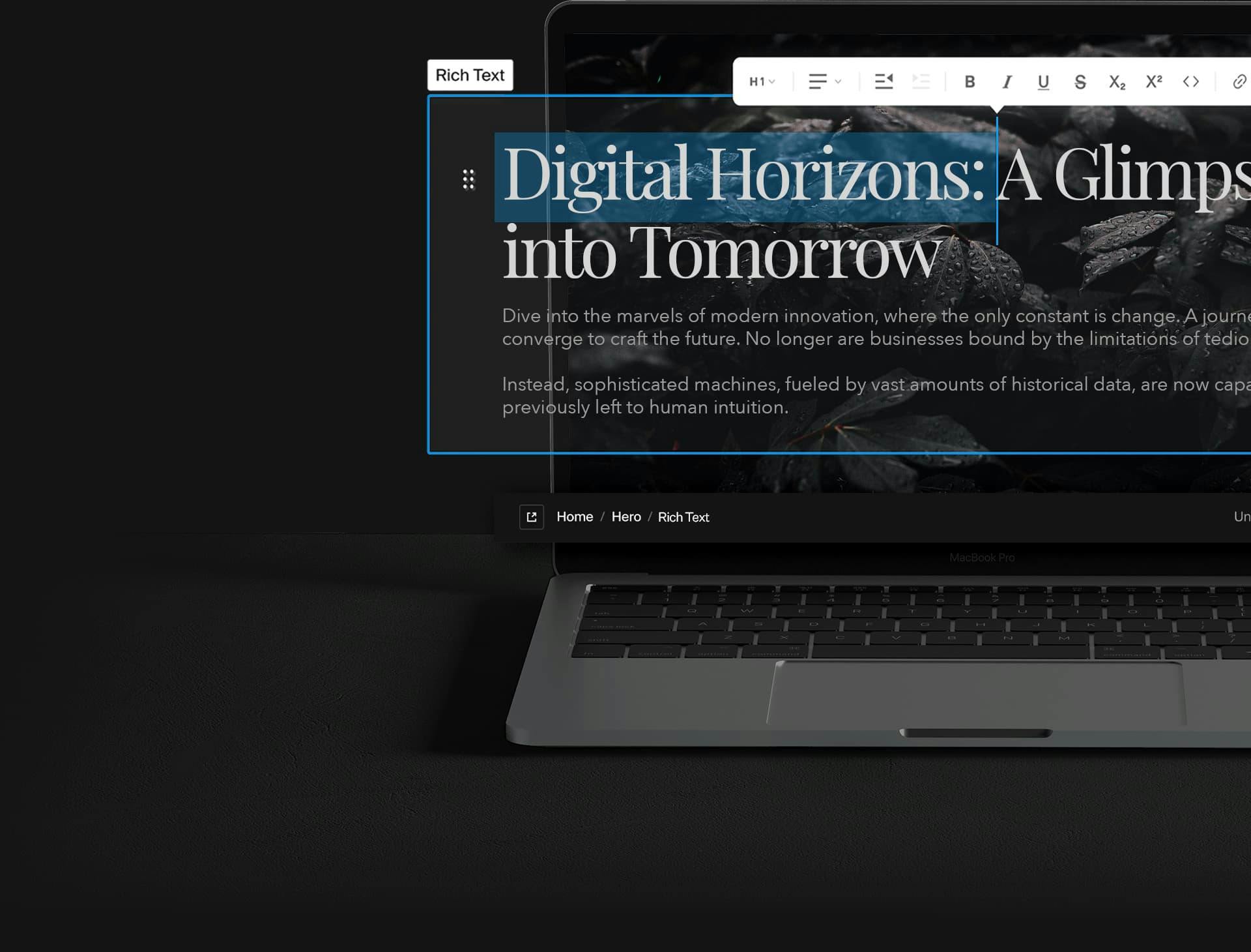 a laptop mockup showing a website, showing editing a headline on the front end 