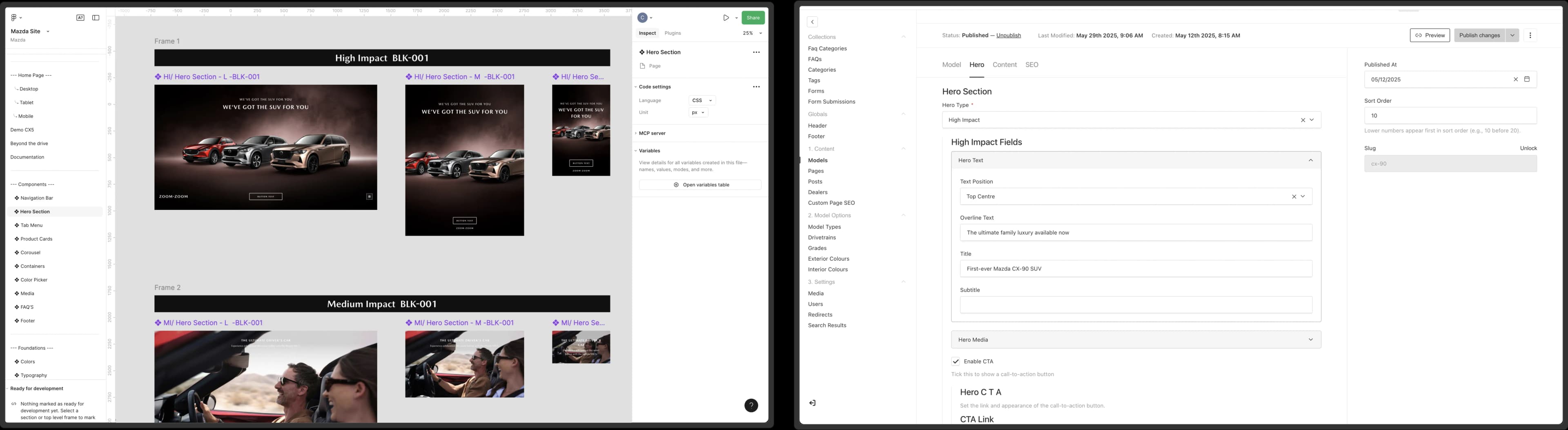 A screenshot of Figma side by side with Mazda's site CMS