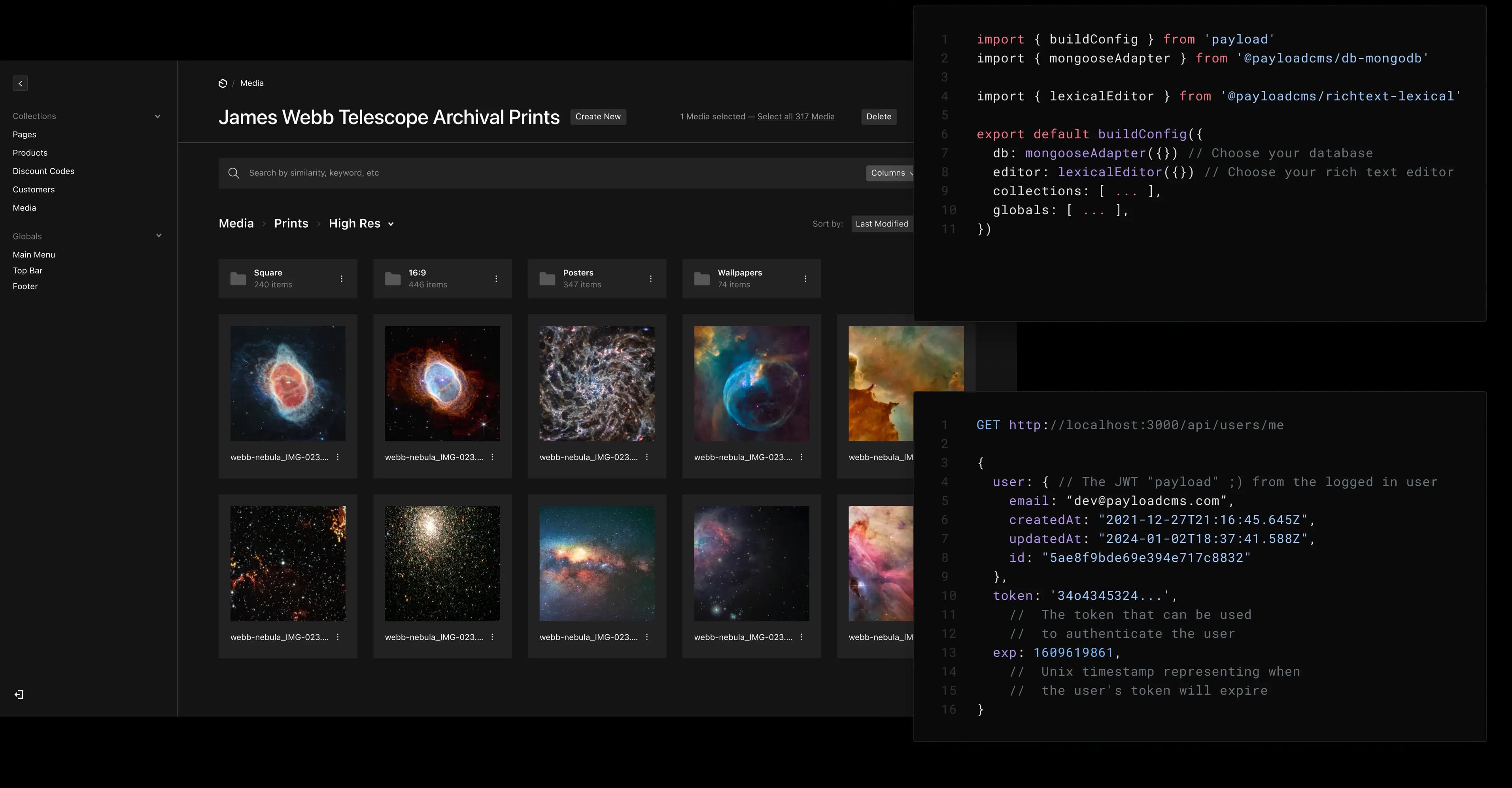 an admin panel media collection with code snippets