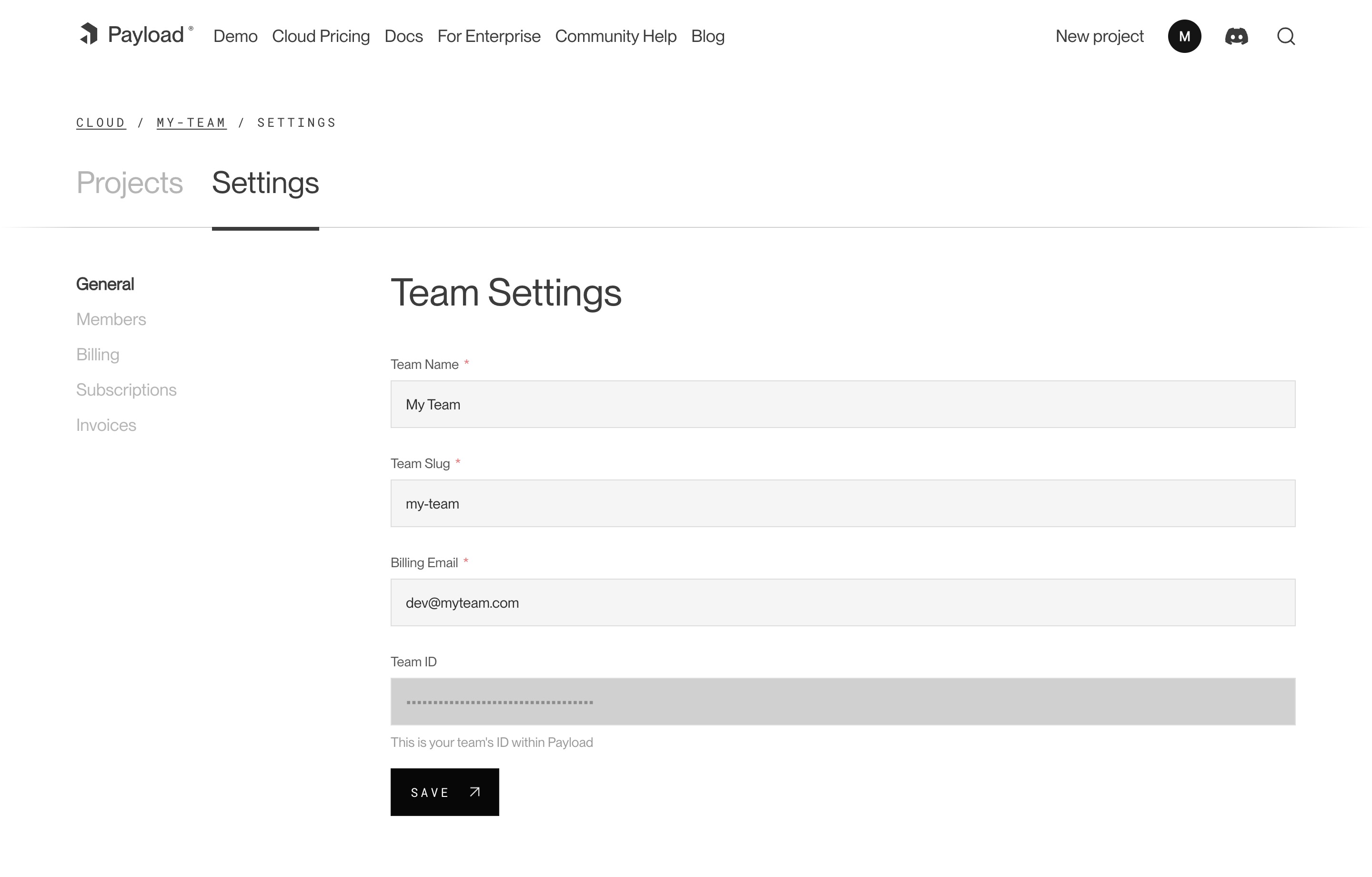 Payload Cloud Team Settings