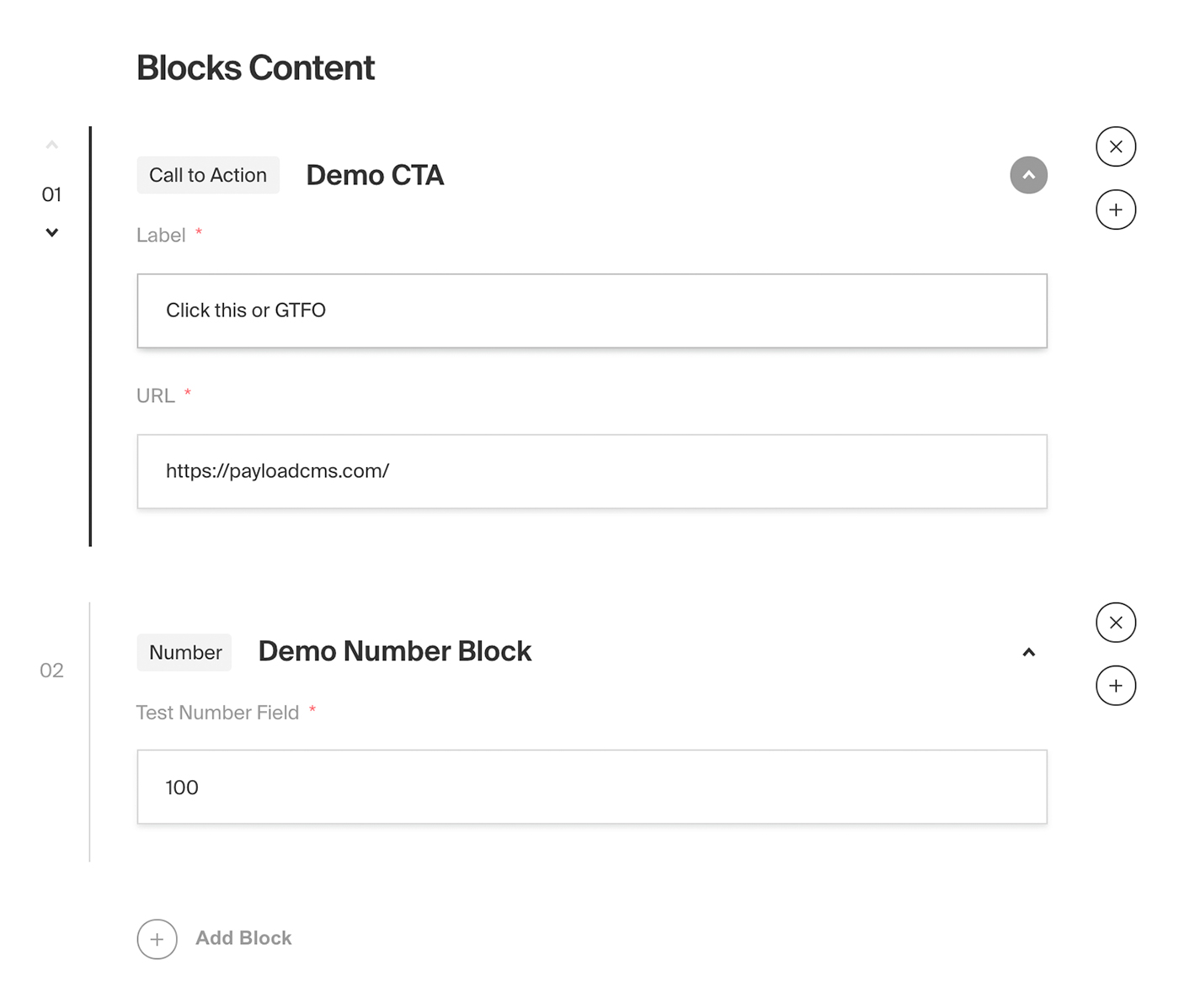 Blocks field in Payload admin panel