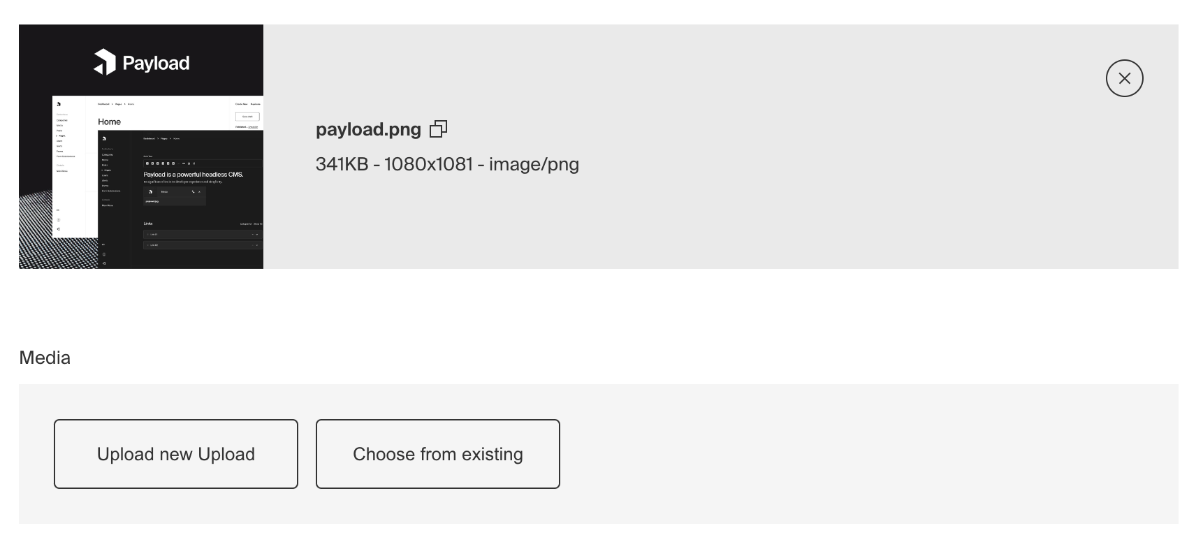 Shows an upload field in the Payload admin panel