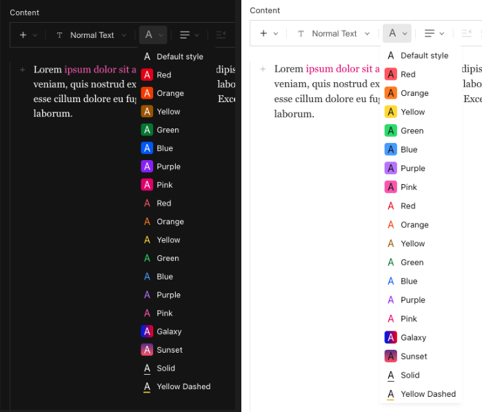 Example usage in light and dark mode for TextStateFeature with defaultColors and some custom styles