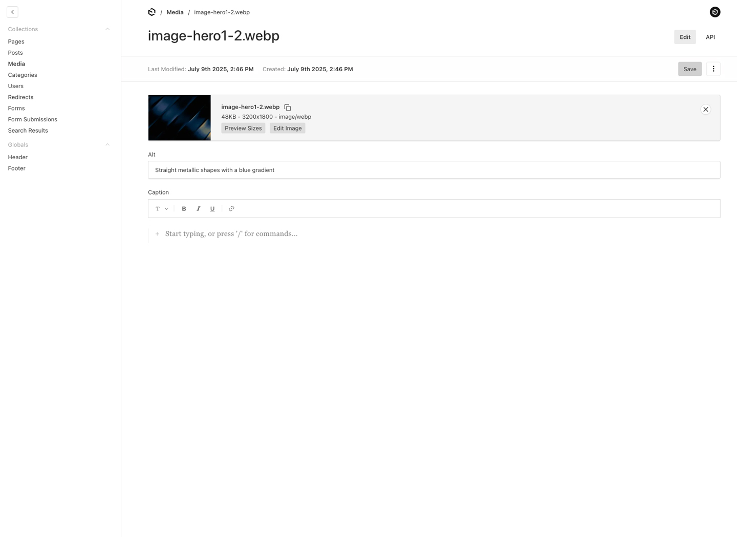 Shows an Upload enabled collection in the Payload Admin Panel